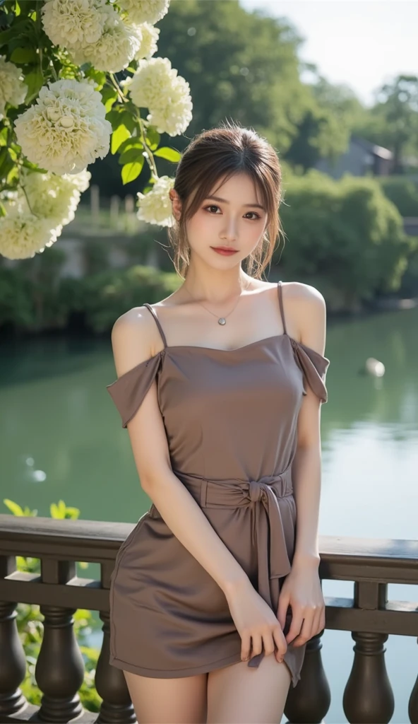 (full body shot), ultra-detailed, realistic, photorealistic:1.37, beautiful detailed eyes, beautiful detailed lips, extremely detailed face, long eyelashes, intimate view, slender, soft lighting, vibrant colours, smile, random hairstyle, golden brown hair, light brown eyes, flawless skin texture, gentle breeze, (((rose Red Slip-On Dress))), sitting on a bench on a river sidewalk.
