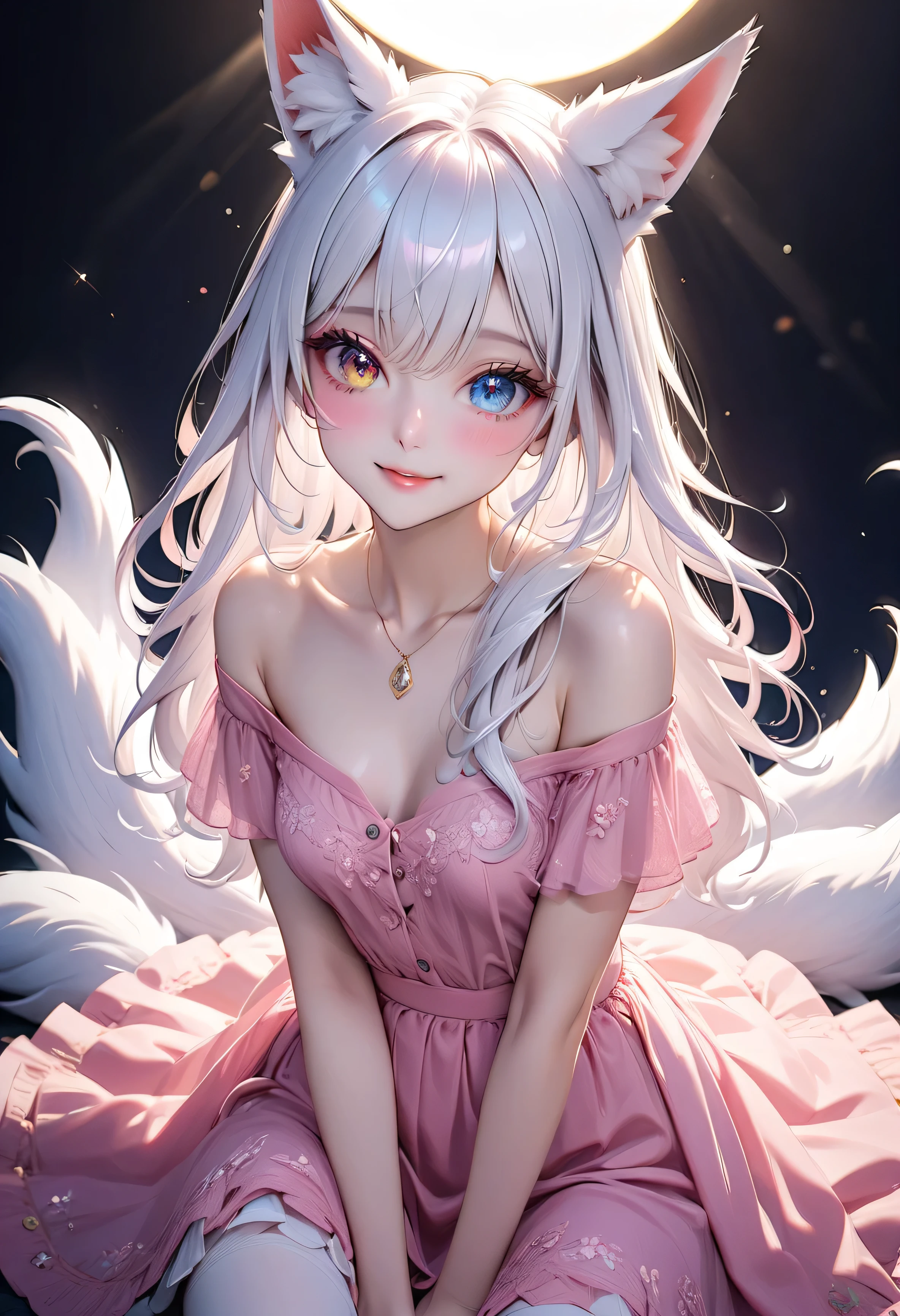 ((Highest quality, 8K, highest resolution, masterpiece, ultra-realistic)), ((Red eyeliner, red eyeshadow)), ((Odd-eyed high school girl, nine-tailed fox)), ((Heterochromia, blue eyes, golden eyes)), ((Sparkling and delicate eyes)), ((Very accurate eyes)), (Platinum wavy long hair), Hime cut, ((Transparently shining white skin)), Glossy skin, very white skin, ((Very small breasts)), ((Anatomically accurate depiction)), ((Detailed depiction down to the fingertips)), ((Wearing a coral pink silk off-the-shoulder blouse with beautiful and intricate lace patterns and floral embroidery), ((Wearing an indigo blue ruffled skirt)), ((Having fox ears and nine fox tails)), ((Sitting in a violet field in the morning sunshine with her legs stretched and her nine tails pointing up) (with the sun in the background)), ((wearing a feather hair accessory)), ((wearing a platinum necklace)), ((from above, looking down at the upper body)), ((between the breasts)), smiling, very beautiful, colorful violets illuminated by the morning sun, dancing lights, (very wonderful), lustrous skin, exquisite, lively eyes, crystal eyes, narrow eyes, long eyelashes, beautiful eyes, beautiful face, beautiful hair, vibrant colors