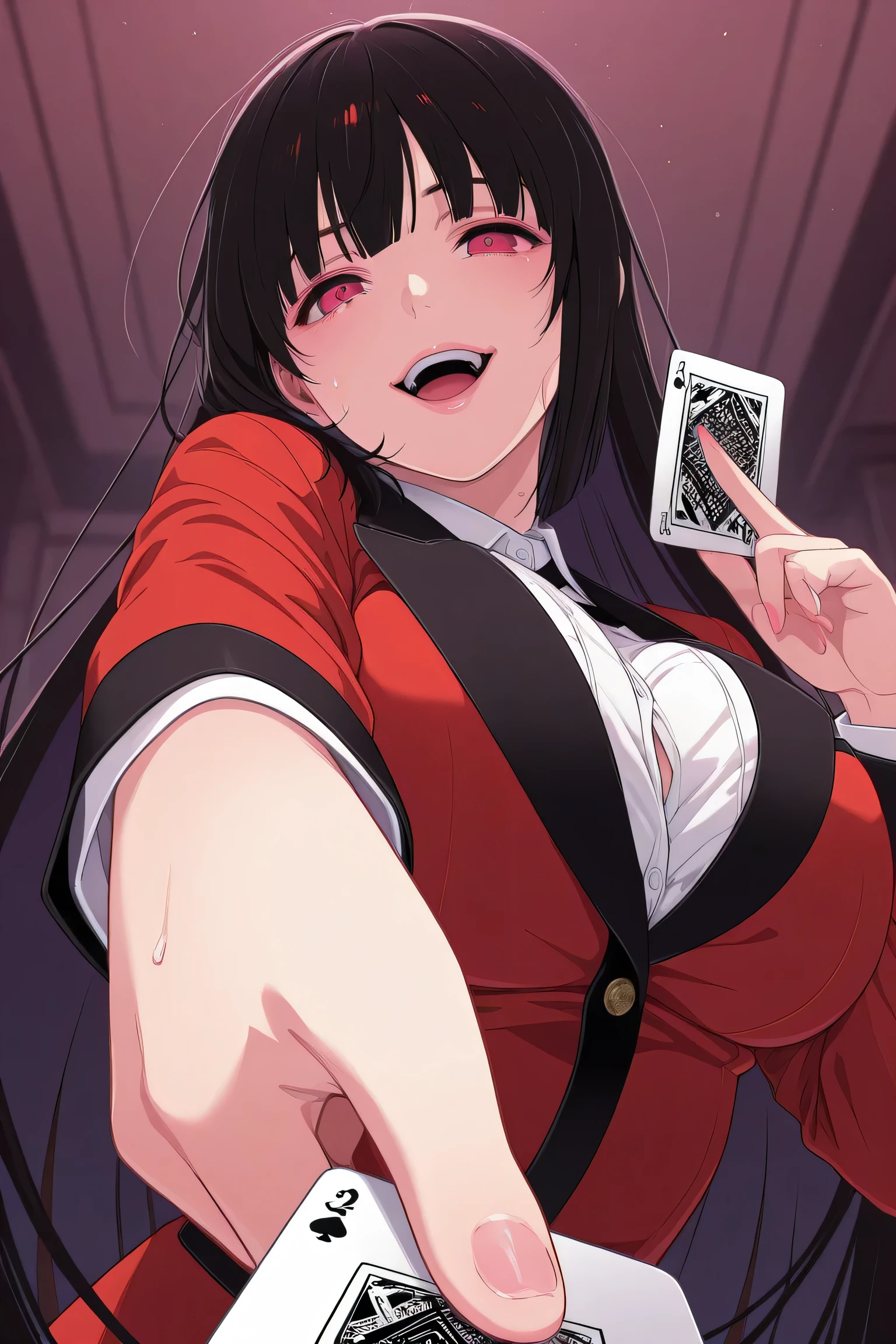 whole bodyを移す、Ultra high quality CGI clit exposed,Anime naked、full nude、strip、nude、 32k, naked、Nipples・Breasts、whole body、Very detailed, Digital Art Casino、Roulette Table、 One girl, Focus Only, parted lips, lips, compensate, pink lips, Shiny, Happy、Blunt bangs Blunt ends Hime cut bangs, Black Hair, Very long hair, Large Breasts, White shirt NSFW、Random sexy poses、Nipples、 red jacket(Embarrassing:1.2) 、