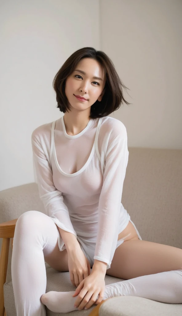 A beautiful 40-year-old woman wearing a light beige V-neck sweater. white panties. bottomless. braless. smile. japan. whole body