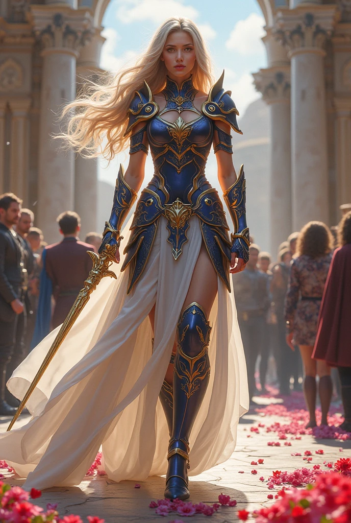 An incredibly beautiful young femme blonde with dark blue eyes, she has short golden-wheat hair, decorated with flowers, jewelry, she is a goddess, she wears the clothes of the goddess Gaia. She stands on the top of the mountain, holding a sword in her hands, strong wind pores ruffle her hair and clothes. Realistic image. Masterpiece, perfect image, realistic photos, full-length image, 8k, detailed image, extremely detailed illustration, a real masterpiece of the highest quality, with careful drawing. short golden-wheat hair.