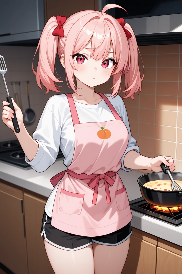 masterpiece、highest quality、Very detailed、Photograph the upper body、1 female、(Put your arms behind your back:1.2)、Are standing、Turn your body forward、View your viewers、(Cooking apron)、break,blush、shy、Pink Hair、Open your mouth、Japanese Restaurant、Big Breasts、