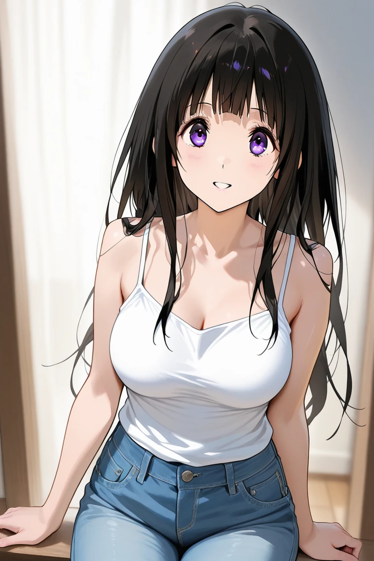 (A superb exquisite Chitanda Eru), (adult face), solo, intricate details, (finely detailed beautiful eyes: 1.2), purple eyes, long black hair, natural straight hair, straight bangs, solo, [Small_breasts: large_breasts: 0.5], normal breasts, extremely delicate, peerless beautiful girl, dreamy quality, exaggerated facial features, solid color, delicate face, bright lips, slender waist, straight curves, super fine, [8K full HD], (masterpiece:1.4)
