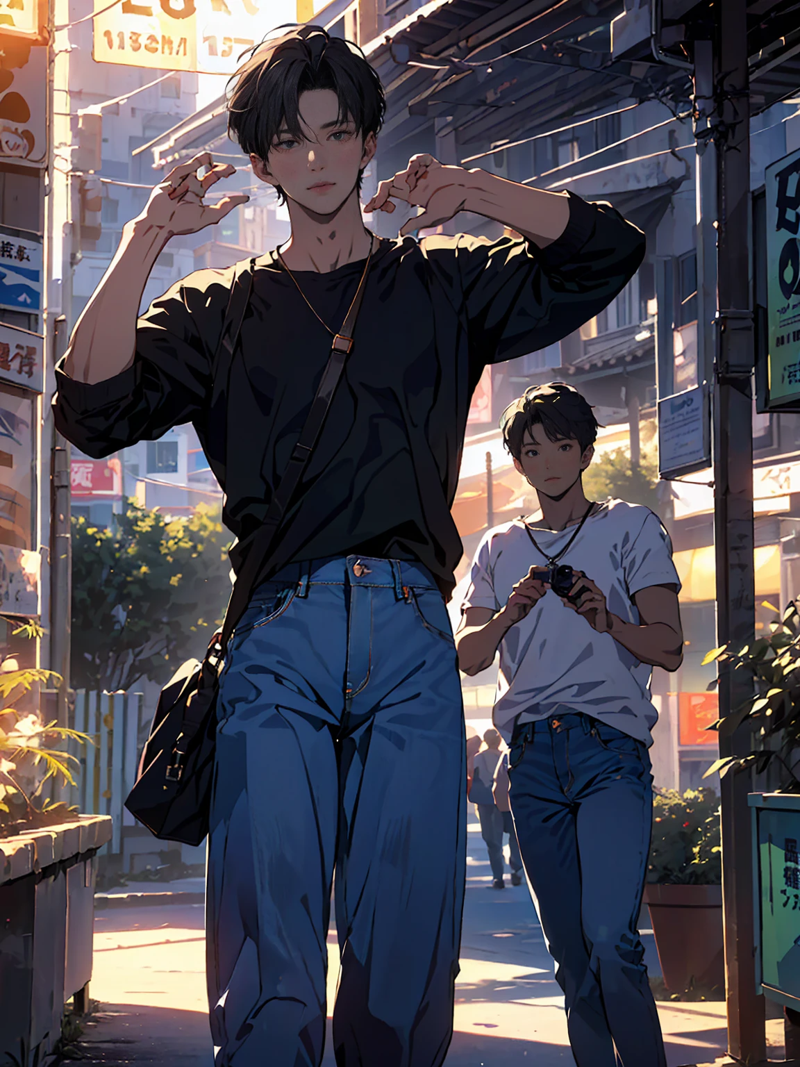 pastel , 1980 style ,Colored pencil drawing，( Highest Quality:1.2, very detailed, Newest,  masterpiece:1.2,  BEST AESTHETICS),((最高masterpiece)),(((Highest Quality)))high resolution、((Cool Summer Model Style、Cool and Handsome Poses、 :1.4))((((       18 year old handsome man       、colorfulな髪色,Cool casual clothes、vintage jeans、)))), (colorful),,cinematic lighting,{X} very detailedなCG Unity 8k壁紙 LIGHT, fantasy shot taken with Nikon Z7 II mirrorless camera,bright night beach background、Fireworks Festival Scenery        、Night view gradation。