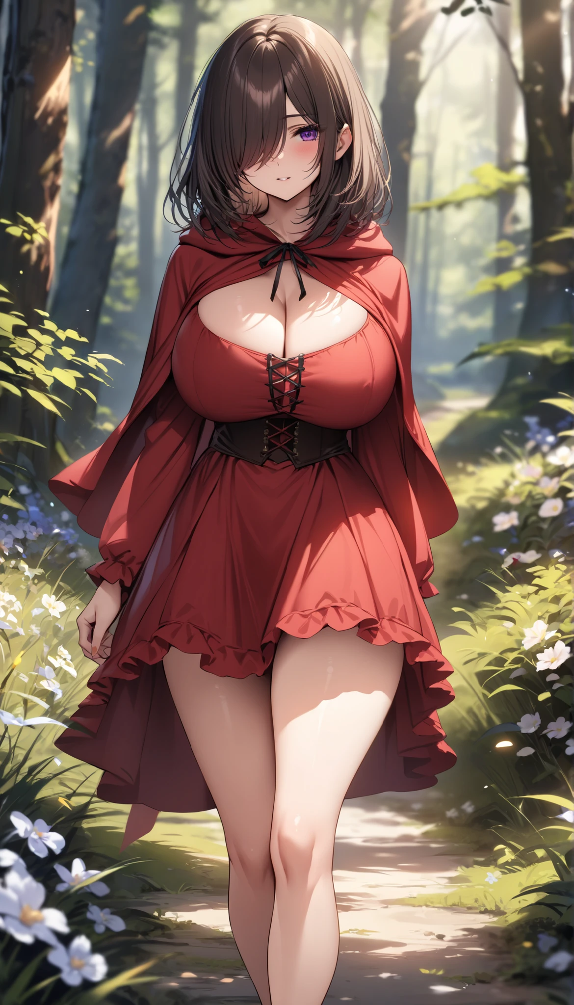 "girll with big, perky breasts dressed sexy as Red Riding Hood in the forest."