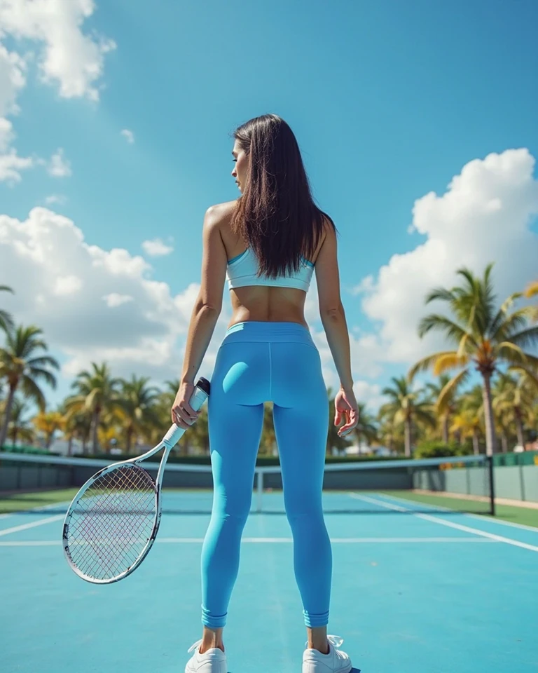 A beautiful woman, ((holding tennis bet:1.5)), ((tennis girl:1.2)), ((tennis cropped hat)), ((ponytail)), in tight shorts and a vest poses on a tennis court, tightsuit, ((random color outfit)) Slim waist and thick hips, Big perky breast, thick wide hips, huge buttocks, Waist fit, back stance, curvy woman, healthy woman, Fits the body, Medium Shot Shot, exposed waist!!!, Bare with thighs!!!, Skinny blue T-shirt, Waist circumference - shooting, tight business suit, Photo fit, wearing simple, Tight clothing, hot poses, posing below big treee in the top of mountain, watching landscape from far aways, dynamic pose