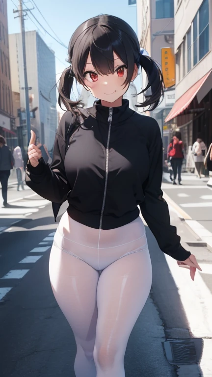 (masterpiece), best quality, expressive eyes, perfect face, purple hair, yellow eyes, women, white crop top, hair in a bun, black pants, one person, walk, carrying a kuromi doll