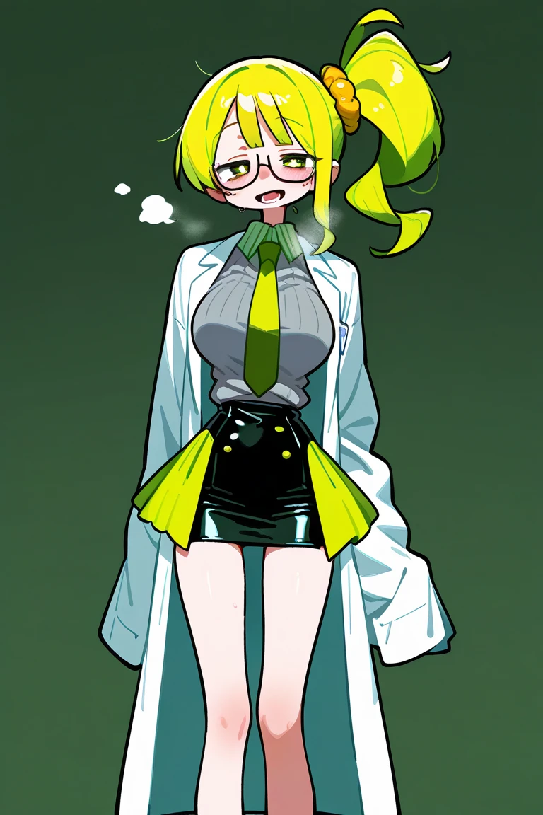 Anime girl with big, long green hair, Pferdeschwanz, gelbe Augen, smiling, White shirt, green jacket, kurzer Rock, white panties, Upskirt