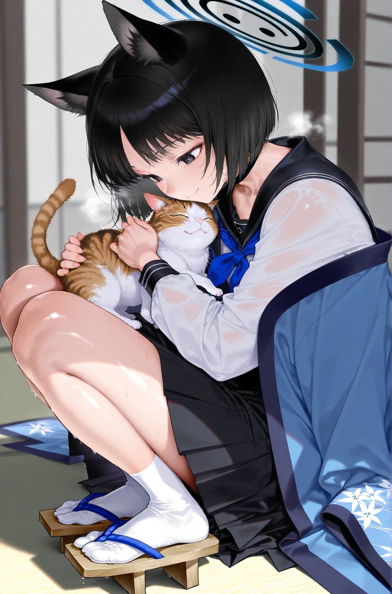 (one girl), (small eyes:1.2), (droopy eyes:1.2), (eyeshadow:1.2), (eyelashes:1.2), (purple eyes:1.2), (blunt bangs), (white hair), (chignon), (pale white skin), large breast, (curvy), sailor uniform, pleated black skirt, (black over-knee socks:1.2), straddling chair, classroom
