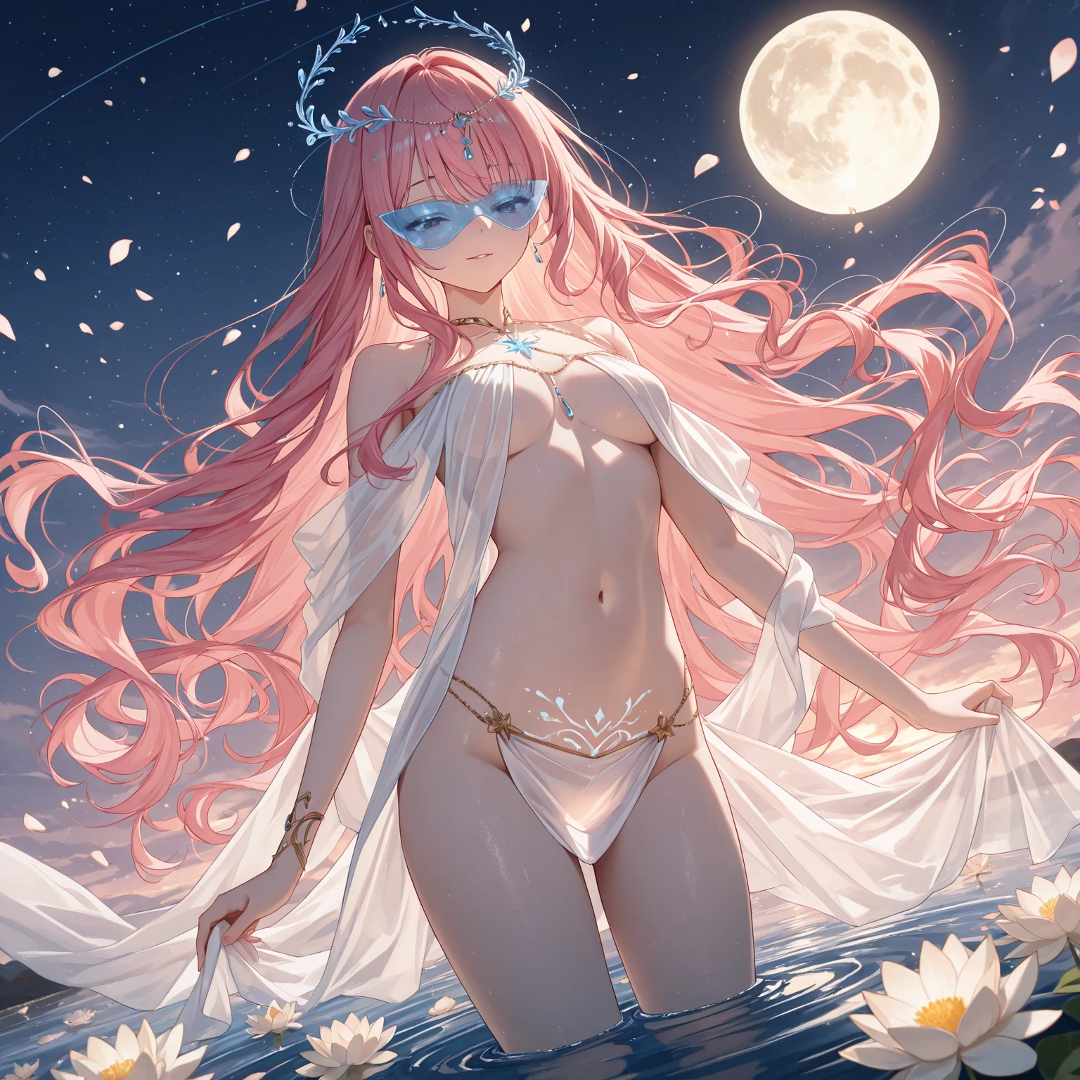 low angle,from below, ((masterpiece:1.4, best quality)), ((masterpiece, highest resolution)), (beautiful illustration),Vulgar,low angle,from below, ((panty shot)),(nsfw),((white panties focus)), ((1girl, showing white elegant see through panties and beautiful pink nipples)),Beautiful winter landscape in Europe, lake with ice in the middle, illustrative image looking up at a 30 degree angle from a camera placed at a height of 50 cm on the edge of the lake, night sky visible, full moon