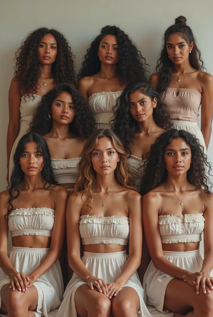 create an image of three girls together, they are dressed like goddesses, one of them is black with long wavy hair, she is wearing a yellow dress, one is black with slightly lighter skin, she has brown curly hair and is wearing a blue dress, and the other is white with dark brown curly hair, she is wearing a red dress