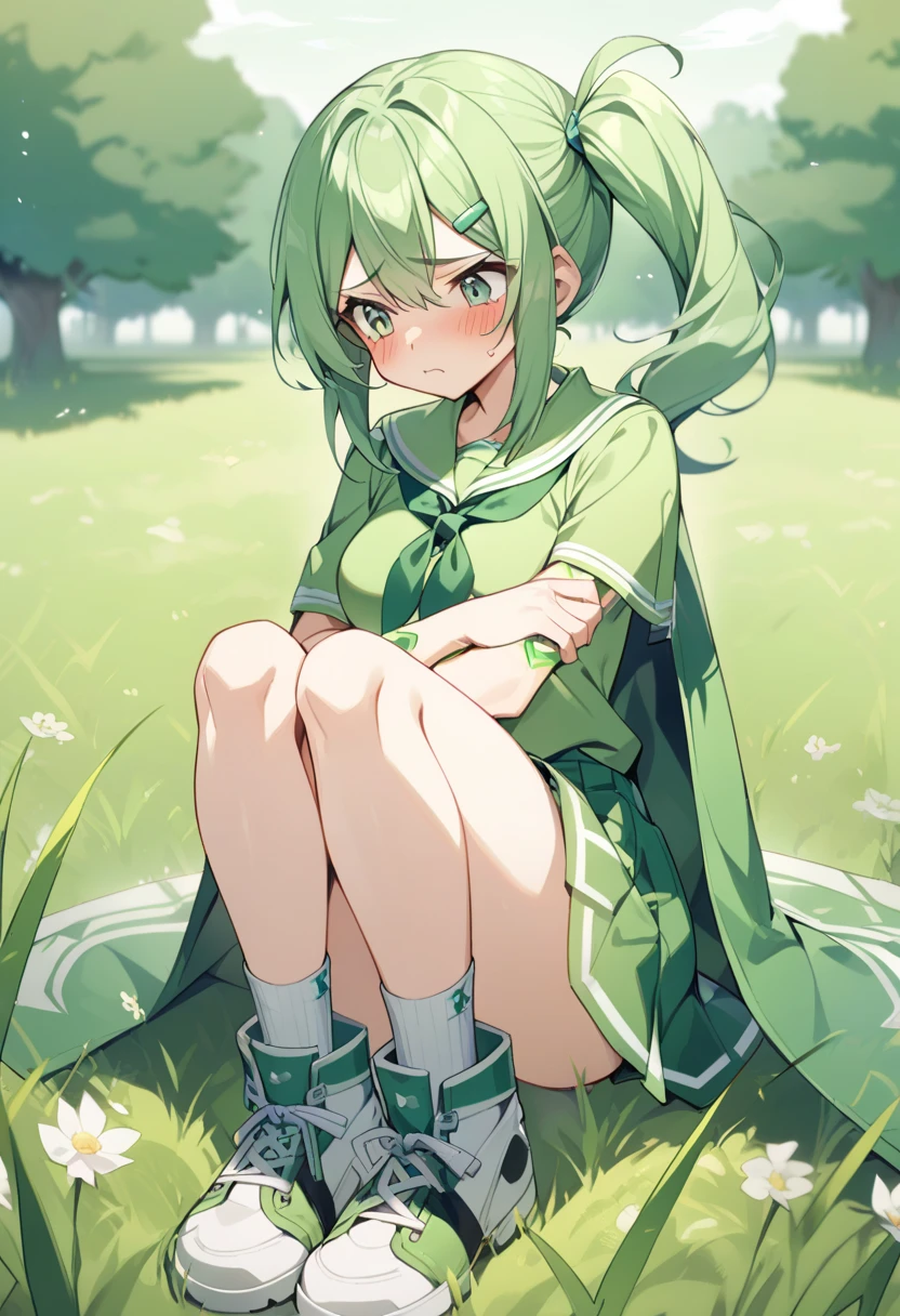 Green girl with long hair，Oversized four-leaf clover headskirt，skirt，barefoot，green eyes，melancholy expression