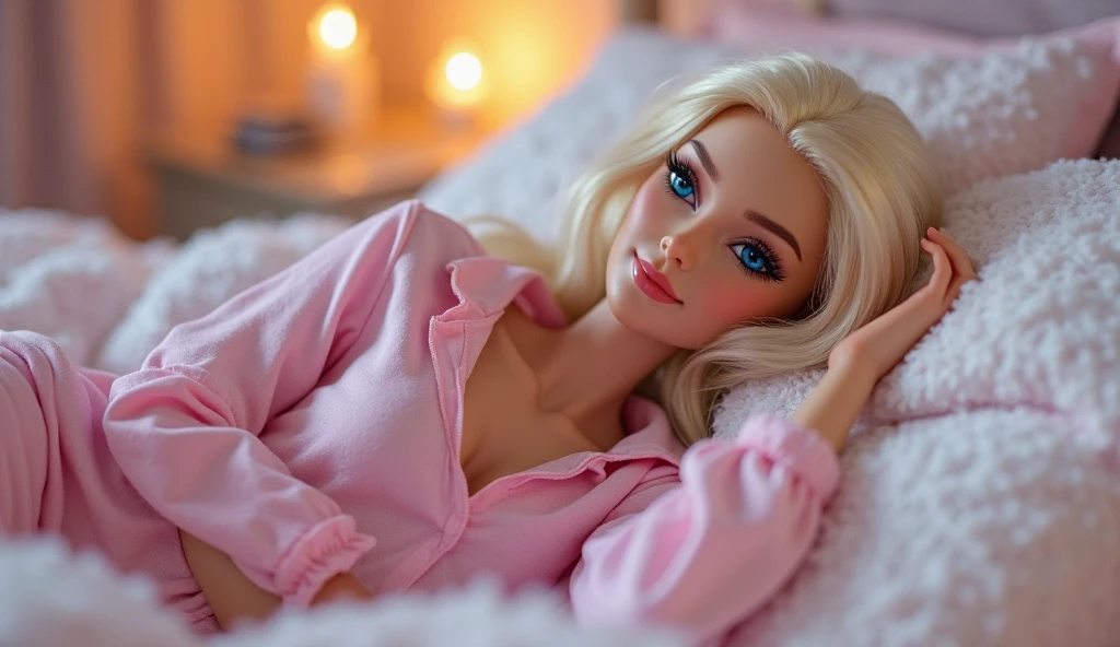 Imagine a man making a clone of a beautiful young blonde European adult woman, Beautiful and realistic face, that they are naked, defined breast tip, big breasts, that they are asleep , that they have a red gift bow on their head, showing your legs and feet, that your skin is covered in plastic