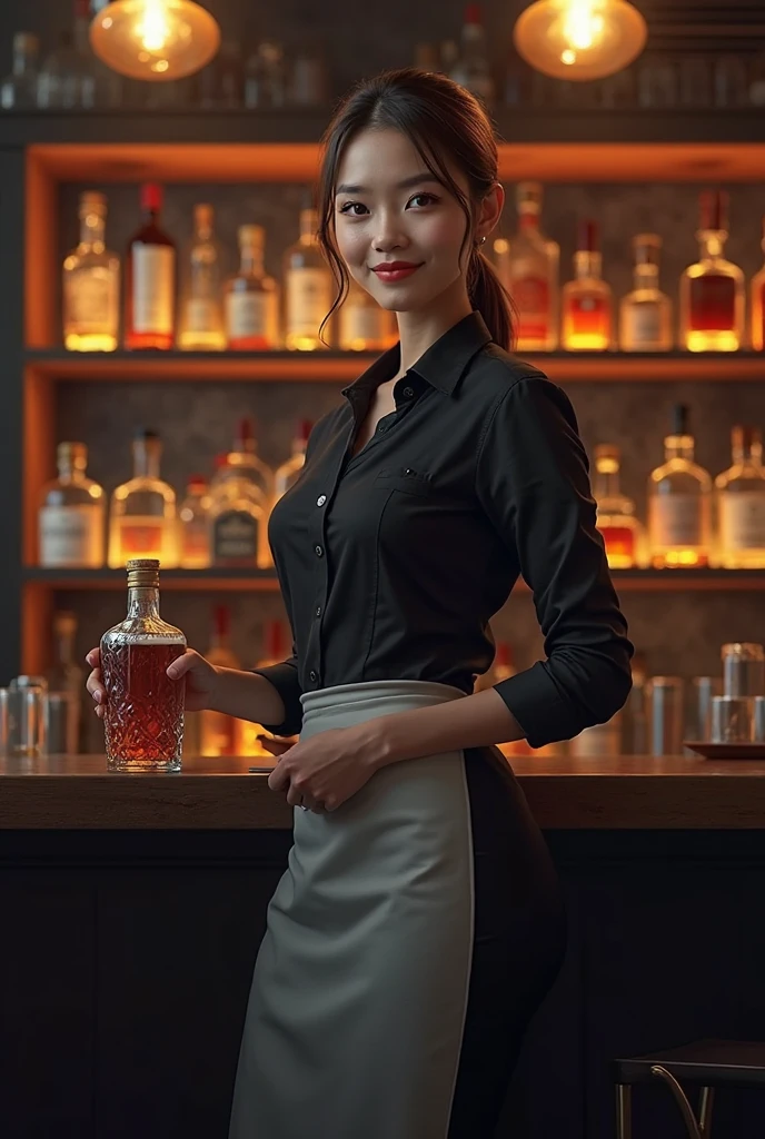 ((best quality)), ((masterpiece)), (detailed), medivial fmatasy, traven , ginger hair , bar , smile at viewer , big  , bar waitress , night time , lively traven 
