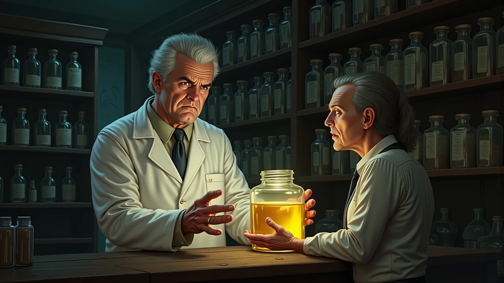 Mad scientist old man wearing exotic glasses, her hair is white and goosebumps, his white lab coat is all tattered, wears a yellow watch, The setting is your laboratory of crazy experiments, The details are meticulously crafted, The textures are extremely detailed