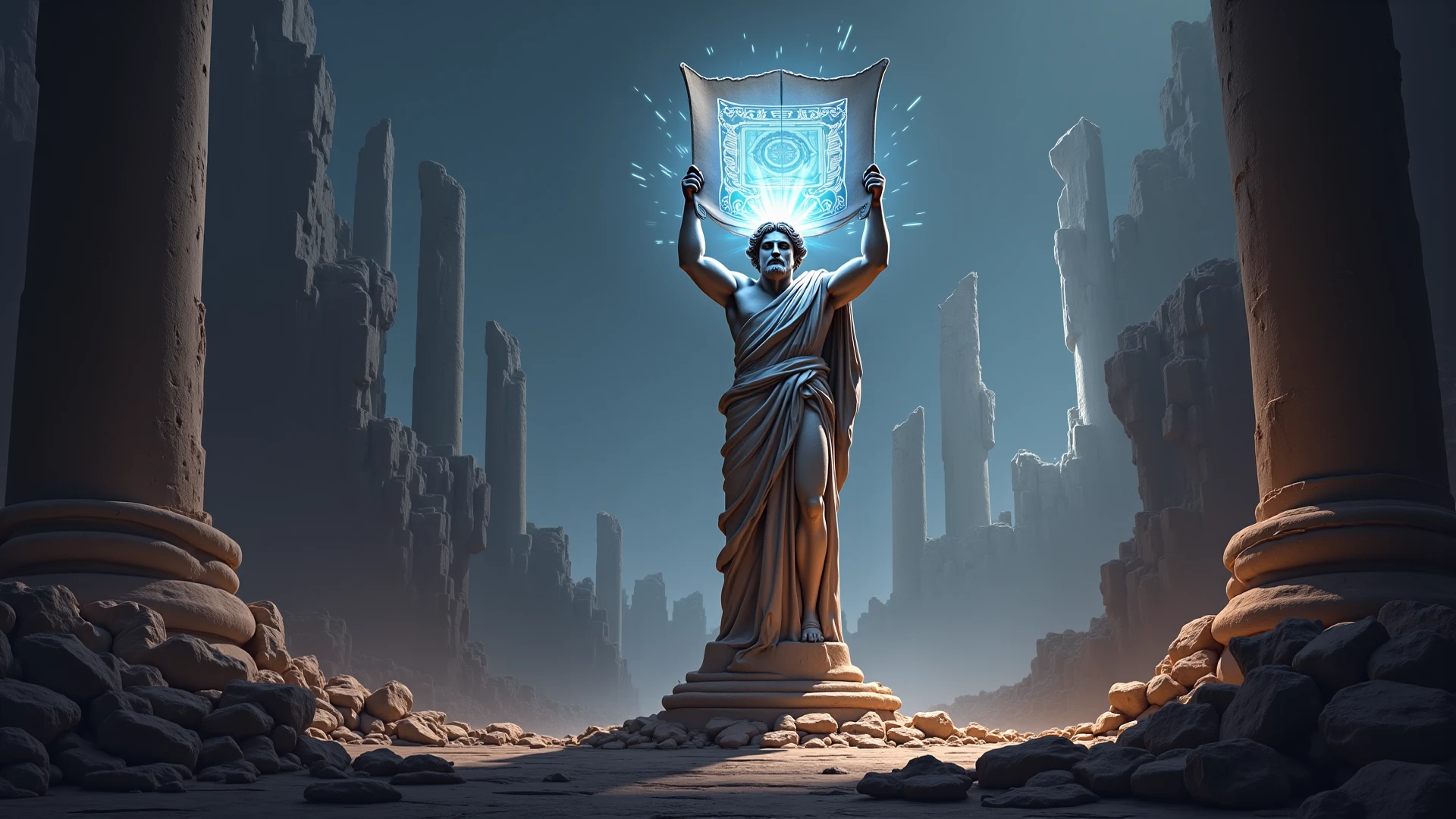Create for me an inspiring 8K image depicting a Greek philosopher as a statue, Dark and mysterious environment with lights and epic shadow offering a blue pill in the left hand and the red one in the right hand, outstretched hand, ambiente antigo, sem ambiente do futuro ,matriz.