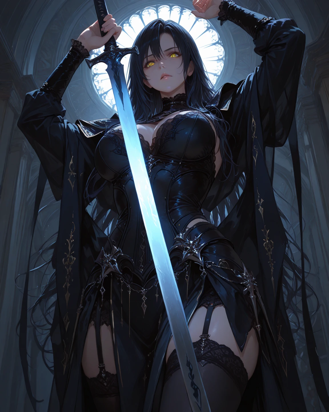 Black long air, white skin, sexy eyes, , show ass, warrior armor, sword, shield, cute, queen, castle, sex, full body