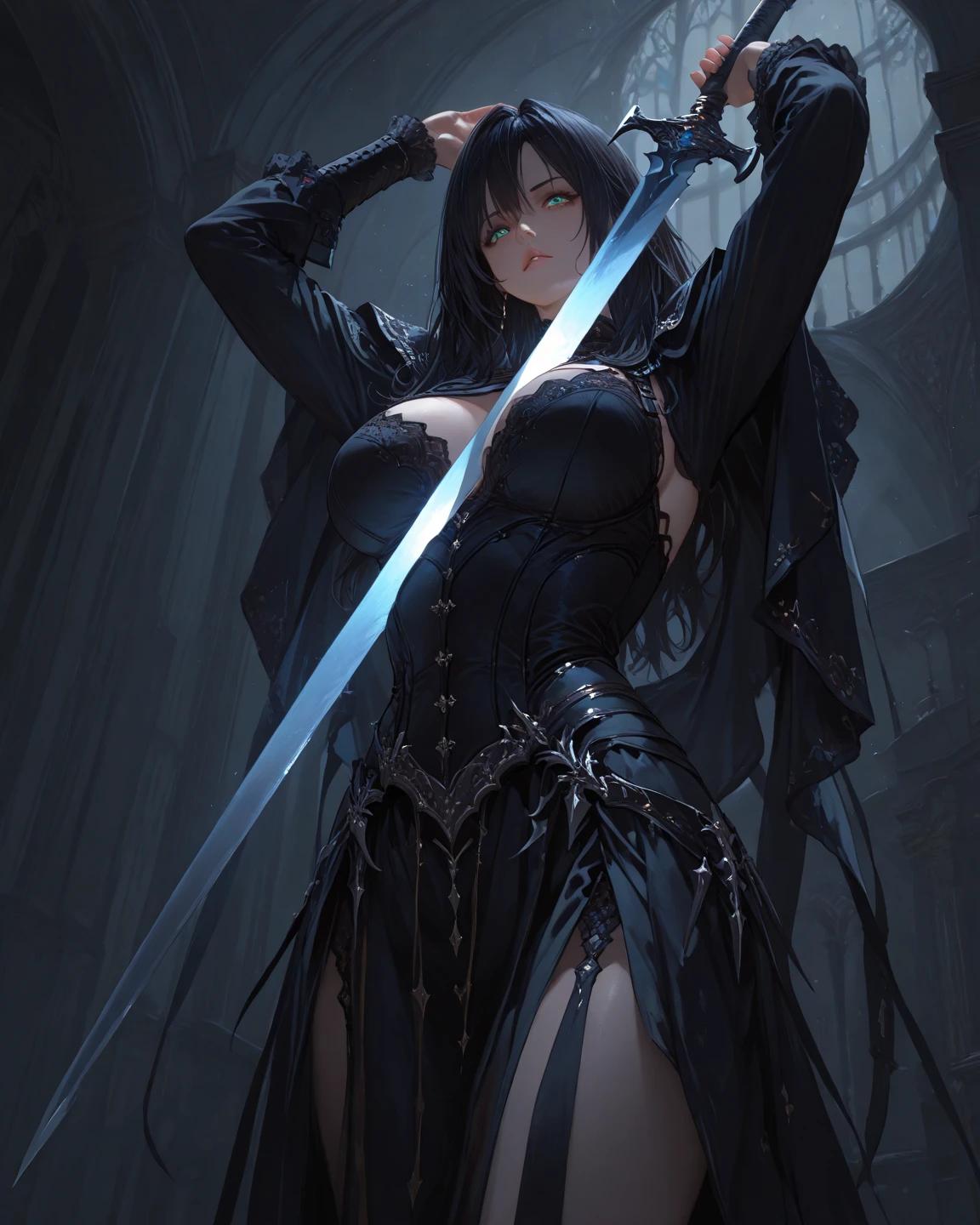 Anime girl with sword and armor in a dark room with ornate background, inspired by Masamune Shirow, badass anime 8 K, she holds a sword, she is holding a katanas sword, by shirow masamune, with large sword, style of masamune shirow, unsheathing her katanas, katanas, holding a sword on her shoulder、There's a girl wearing a bunny suit、Background surrounded by vintage foliage motifs、stormy、many bright leaves on trees、
