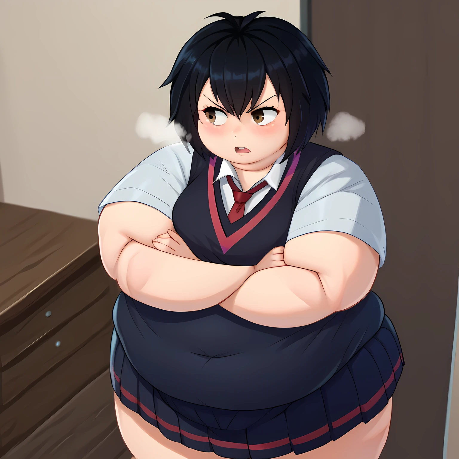 peniparker, frown, sanpaku, looking at viewer, backpack, walking, bedroom, pale skin, bbw, plump, large belly, large breasts, large thighs, love handles, wide hips, weight gain