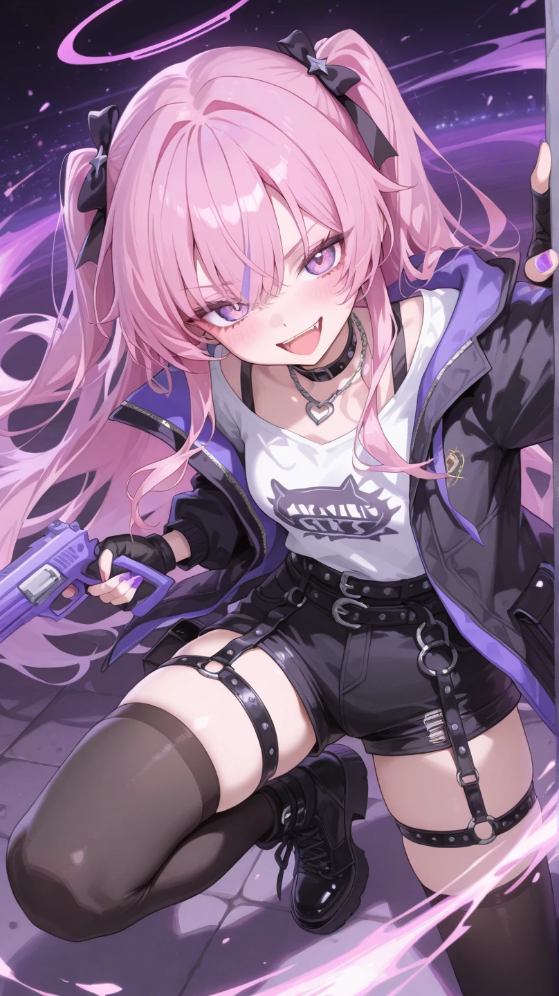 best quality, (masterpiece),(ultra-detailed), (high quality), (high resolution), <lora:emikukis-10:0.7> ,1girl, bangs, bare shoulders, black choker, black footwear, black shirt, blue hair, breasts, choker, collarbone, crop top, emikukis, freckles, leotard, looking at viewer, multicolored hair, off shoulder, purple background, red eyes, shirt, smile, solo, teeth, thighhighs, torn clothes, underboob, upper body, virtual youtuber, weapon