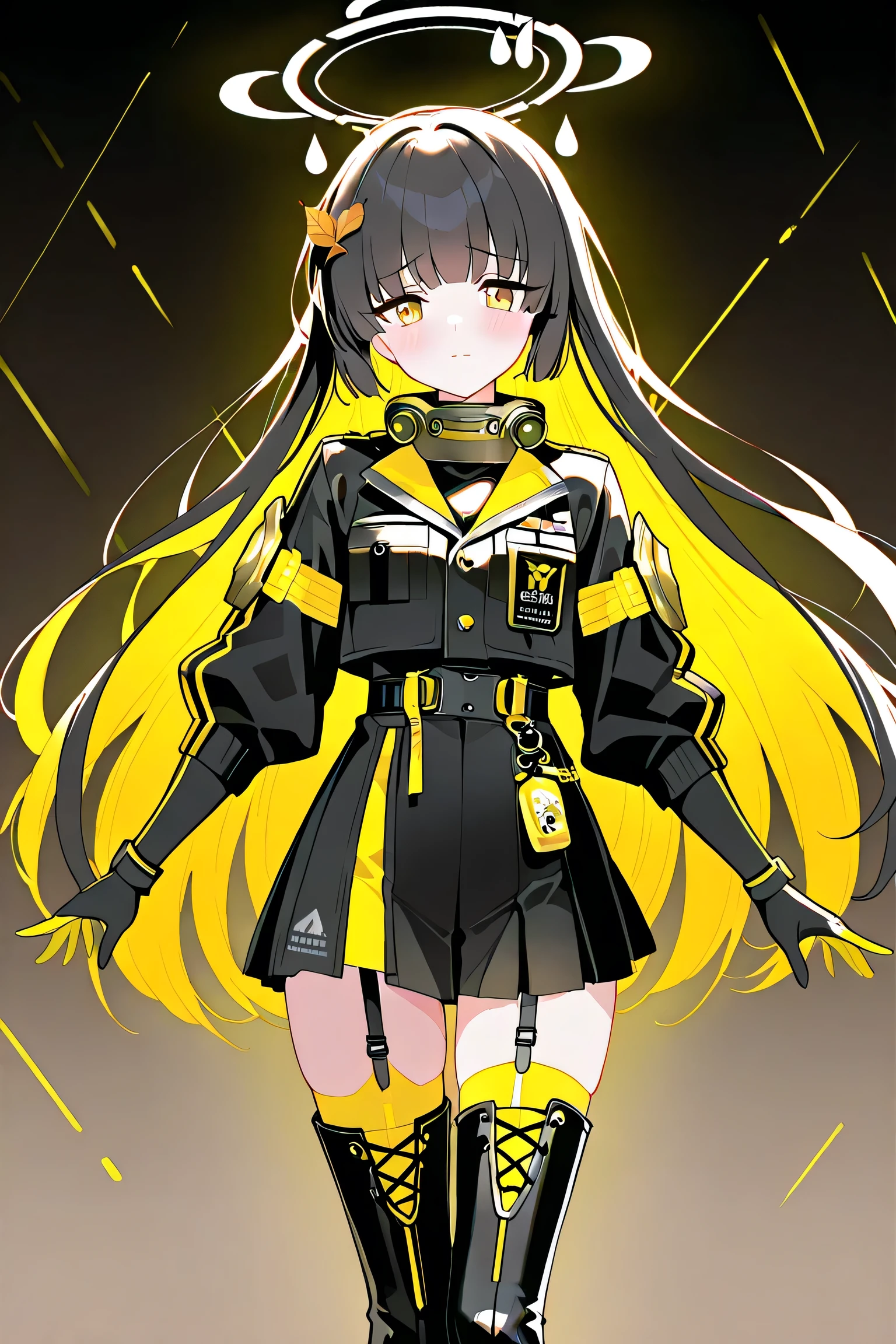 Anime, Girl, (((1girl))), (((Waifu, Blue Archive Waifu, Miyu Waifu))), (((Straight Balck Hair, Long Hair, Inner Golden Color))), ((Golden Yellow Eyes, Detailed Eyes, Symmetrical Eyes)), (Detailed Body, Detailed Face), Slim Face, Idol Pose, [(((Gold and White Color Scheme))), Techwear, Jacket, Thigh-high Boots, Garter Belt, Aura of Golden Light], (masterpiece:1.2), (best quality:1.2), (very aesthetic:1.2), (absurdres:1.2), (detailed background), newest, intricate details,