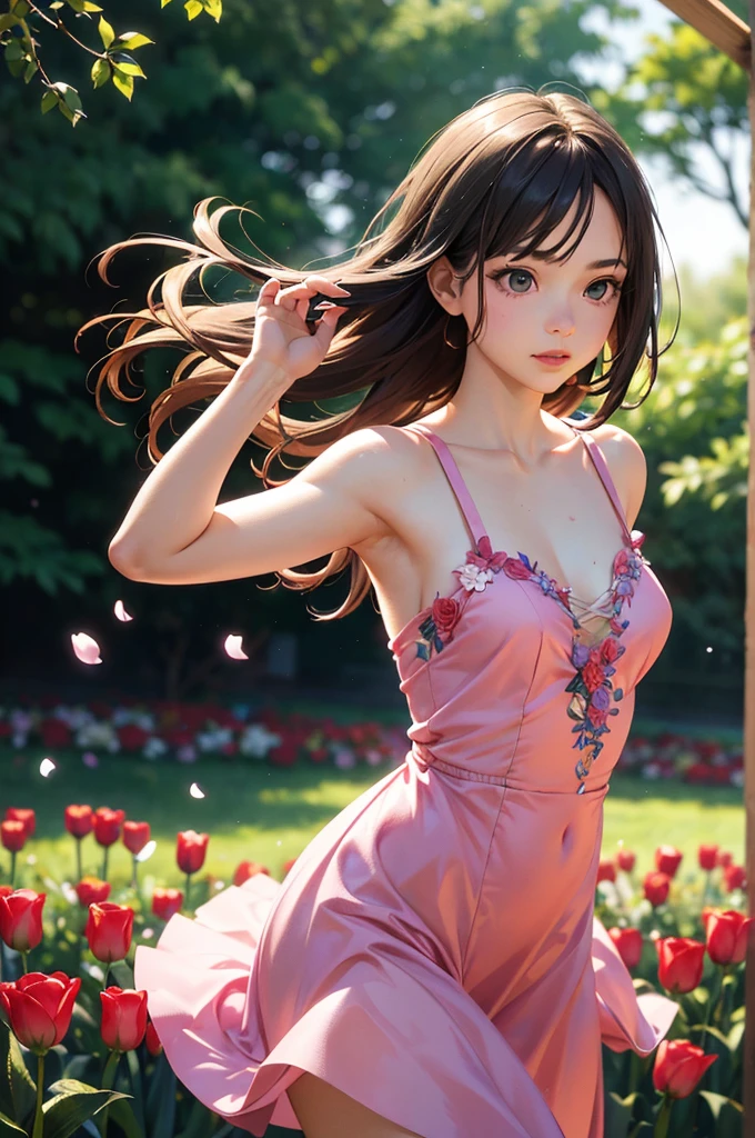 (Masterpiece, BestQuality:1.3), (ultra detailed:1.2), (hyperrealistic:1.3), (RAW photo:1.2), High detail RAW color photo, professional photograph, (Photorealistic:1.4), (realistic:1.4), professional lighting, perfect anatomy, (Big Breasts, (The underboob is visible:1.3):1.2), (blush, detailed face), (cheerful Smile:1.5), Trending Hair&Trending Hairカラーをランダムに, earrings, necklace, bracelet, sexly, erotic sexly, Random sexy gravure poses, (Sexy beauty in a pink silk dress、Spring flower garden、A gentle smile、Long Straight Hair、Sitting in flowers pose。: 1.3)