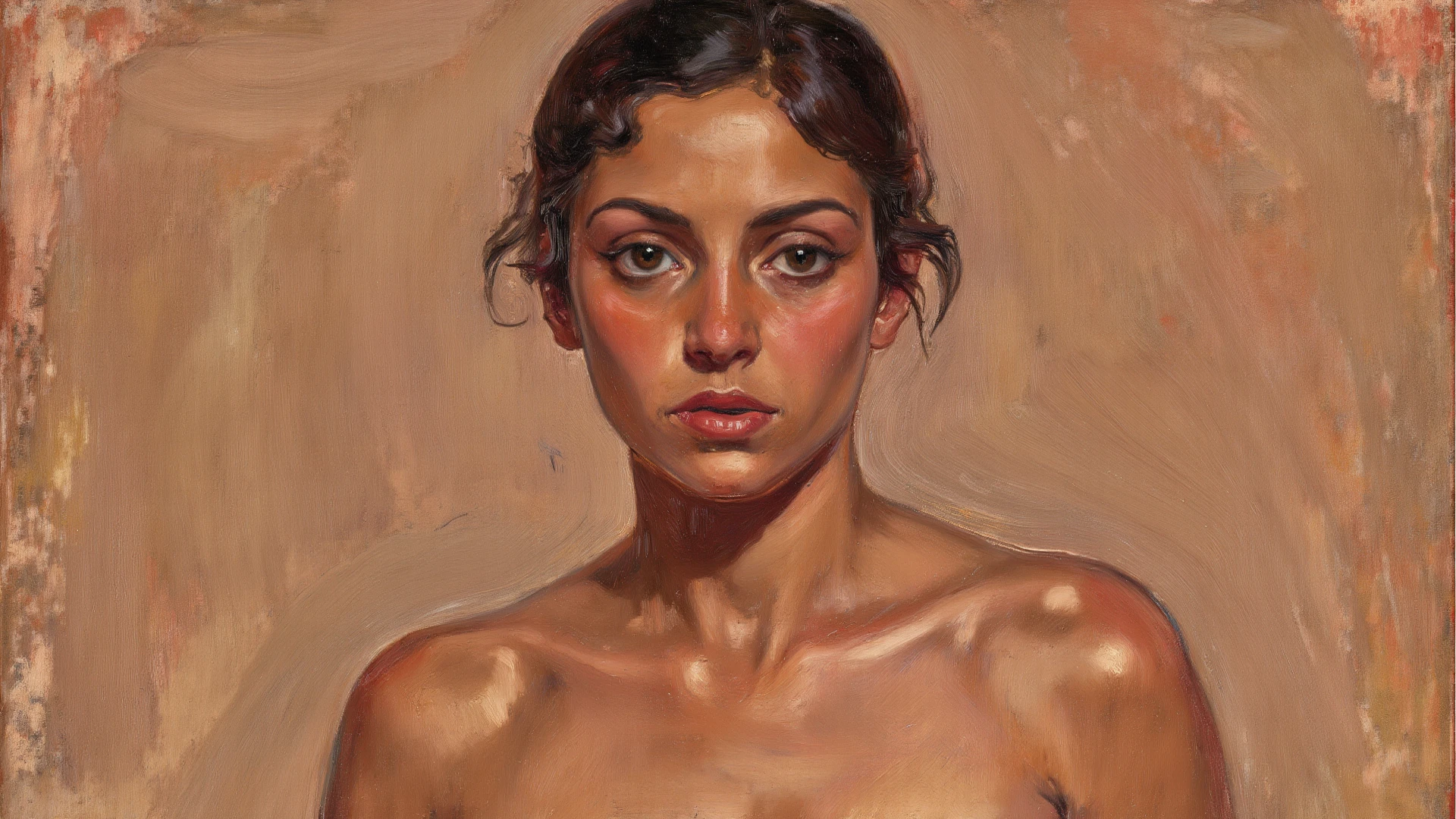 Rembrandt style oil painting of nude beautiful perfect body latina woman with short hair dramatic lighting with dark background