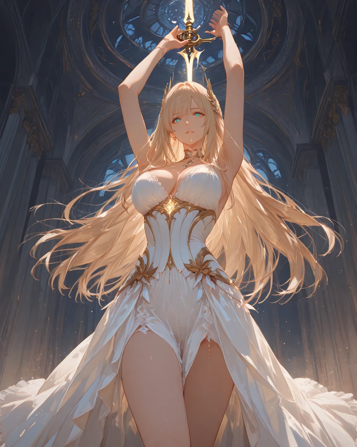 Masterpiece, Best Quality, Official Art, (Highly Detailed CG Unity 8k wallpaper), Detailed background, (Hands by Guido Daniele: 1.1), Feet out of frame, First Person View, 1, Beautiful woman who is attractive and perfect, Blessing Woman, (Curvaceous), (Standing), (((Outstretched hand: 1.4, Upturned palm: 1.14)))), ((Goddess: 1.4, Beautiful Angel: 1.4, Big Angel Wings))), (Bridal Gauntlet, Gorgeous Pure White Dress, Pure White Large Skirt, Gold Ornaments, Bridal Garter, Bridal Legwear, White Thighs: 1.12), (Blonde Long Hair: 1.12), (Ahoge: 1.13), (High Ponytail: 1.12), (Green Eyes: 1.13), Look at the Beholder, Big, (cleavage), Beautiful Face, (Blush :1.11), (Smile: 1.11), (((((Outdoor)))), Castle, church, (flower garden, countless petals, beautiful flower decorations), (((Bouquet of blessings: 1.4, Blessing bell, luxurious blessing venue, beautiful white bird is flying))), cheers, joy