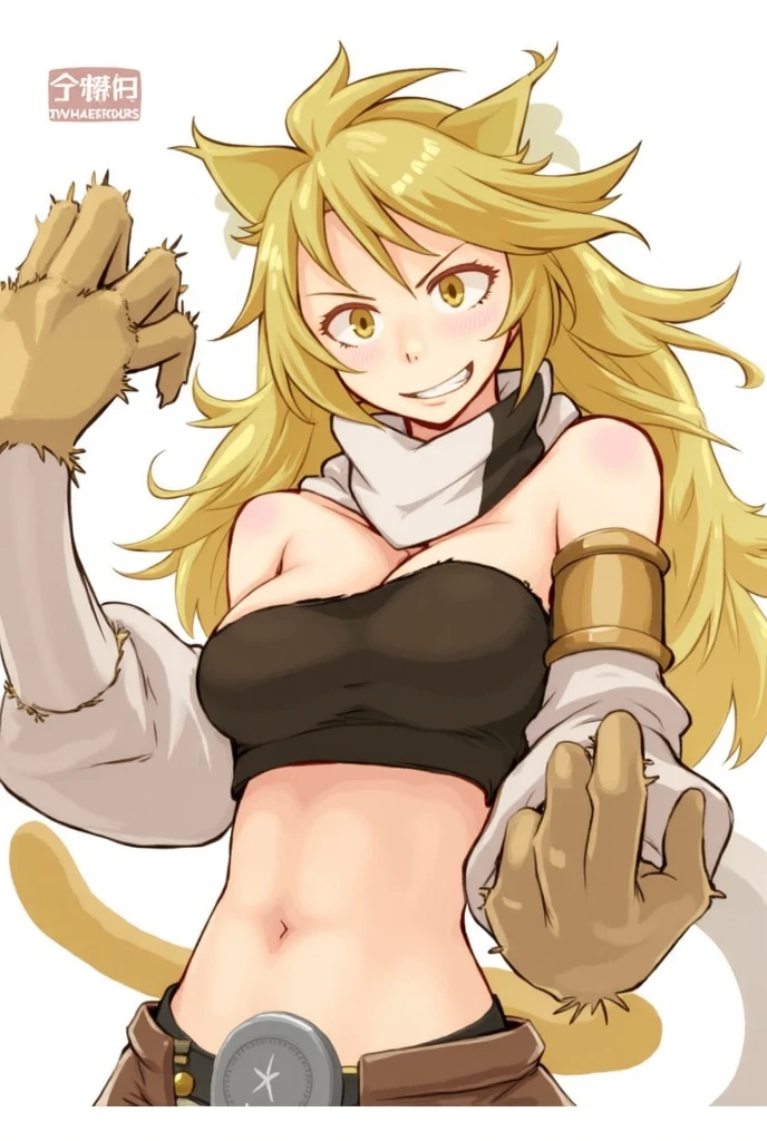 (absurdres, 8k, 4k, masterpiece, hyper extreme detailed:1.2), solo, front view portrait, best quality, portrait, solo, adult, cowboyshot, perfect anatomy, 1girl, perfect face, expressive eyes, perfect eyes, (masterpiece, best quality:1.2), leone, smile, arms behind head, blonde hair, cat ears, strapless, detached sleeves, boots, scarf, belt, tail, midriff, large breasts, hands behind head, sarcastic, friendly, snarky, toned, muscular, athletic, dynamic pose, perfect face, belt,