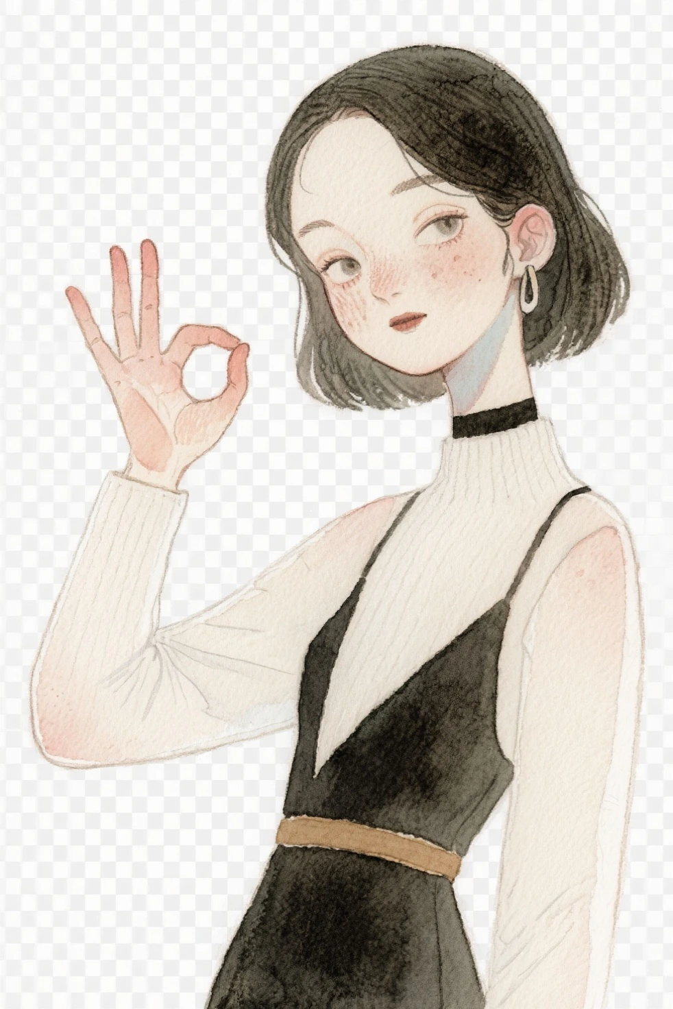score_9, score_8_up, score_7_up, sp1t, monochrome, source_anime, 1girl, solo, woman,, 1girl, upper body, closed eyes, smile, (index finger raised), closed eyes, closed mouth, white background, choker, Freckles, hairclip, jacket, hoodie, (dynamic angle),
