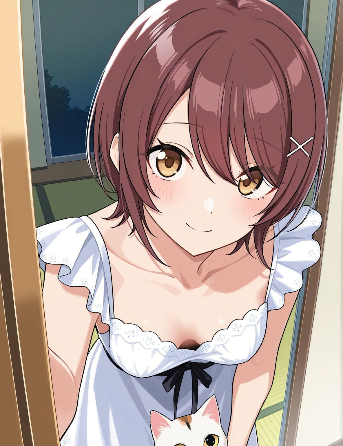 best quality, (masterpiece:1.2), official art, 8k, finely detailed, beautiful eyes, high resolution illustration, hyper detail, highres, Intricate details, High face detail, High quality anime, mishoju, bishoujo, solo, 1girl, brown hair, short hair, brown eyes, ahoge, veiny large breast, hatch blush, red hairpin, <lora:nagisa:0.6>, Withdistaste_face, leaf bikini, <lora:leaf_bikini:1>, girls foucs, alternate pose,