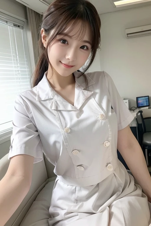 ((Best of the highest quality, 8k, Masterpiece: 1.3, raw photo)), Sharp focus: 1.2, (1 AESPA, slim body type female, 21 y/o: 1.1), (Solo: 1.2), (realistic, photo-realistic:1.37), face focus, cute face, finely eyes, (small breasts, flat chest, Thigh: 1.3), (short messy hair, bangs, updo: 1.28), (business shirt, panties: 1.32), cafe, bar, flower