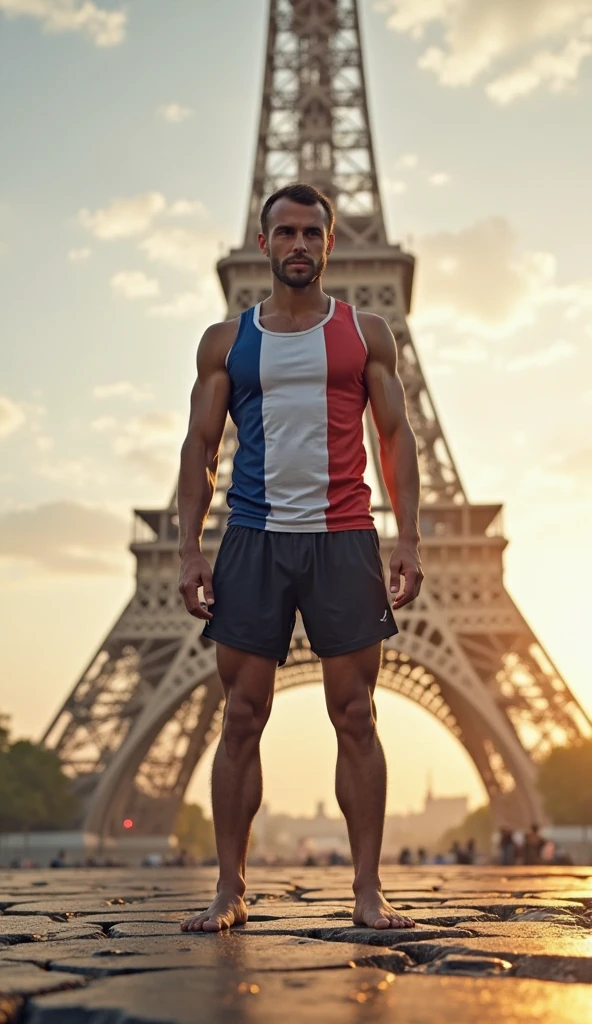 Emanuel macron in boxers in front of the Eiffel tower with abs