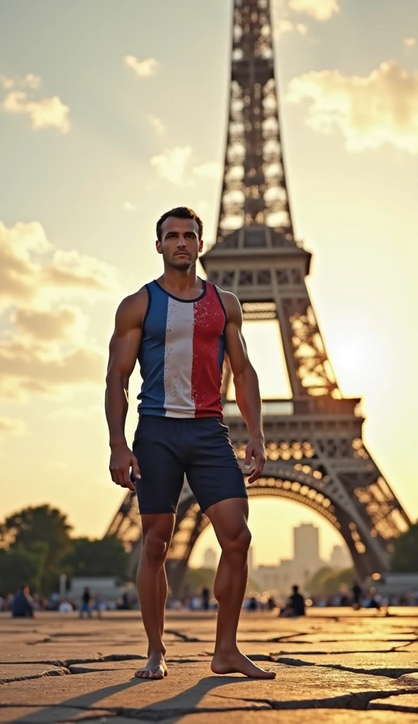 A highly realistic image of the Seine river in Paris on a sunny day. The water is a bright, clear blue, reflecting the sky above. In the foreground, French President Emmanuel Macron is seen standing at the riverbank, preparing to enter the water for a swim. He is wearing casual swimwear, and his expression is one of joy and relaxation. In the background, iconic Parisian landmarks like the Eiffel Tower and traditional Parisian buildings are visible along the riverbank. The sunlight creates shimmering reflections on the water, and there are a few gentle ripples caused by a light breeze. The overall atmosphere is calm and serene, capturing a unique and unexpected moment in Paris.