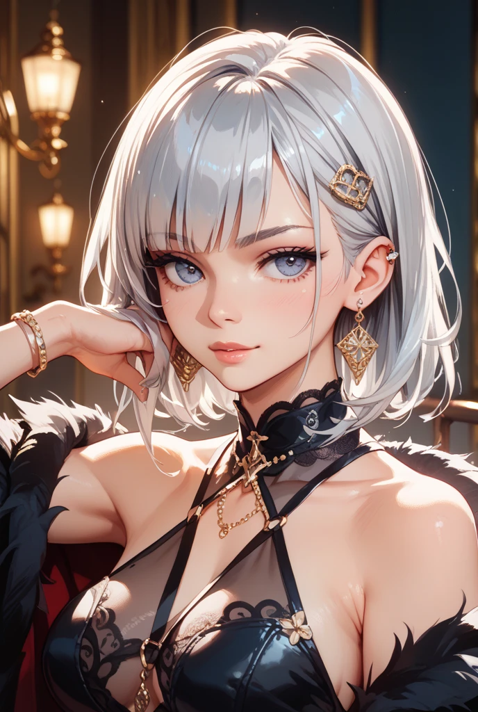 A beautiful young woman, 1girl, hourglass figure, seductive pose, wearing jujutsu kaisen dress, silky blunt white hair, heavy silver jhumka earrings, necklace ,cleavage, detailed face with stunning eyes, full lips, flawless makeup, dark cinematic lighting, dramatic photorealistic effect, masterpiece-level 8K rendering, ultra-detailed, realistic, photo-realistic, HDR, UHD, studio lighting, ultra-fine painting, sharp focus, physically-based rendering, extreme detail description, professional, vivid colors, bokeh