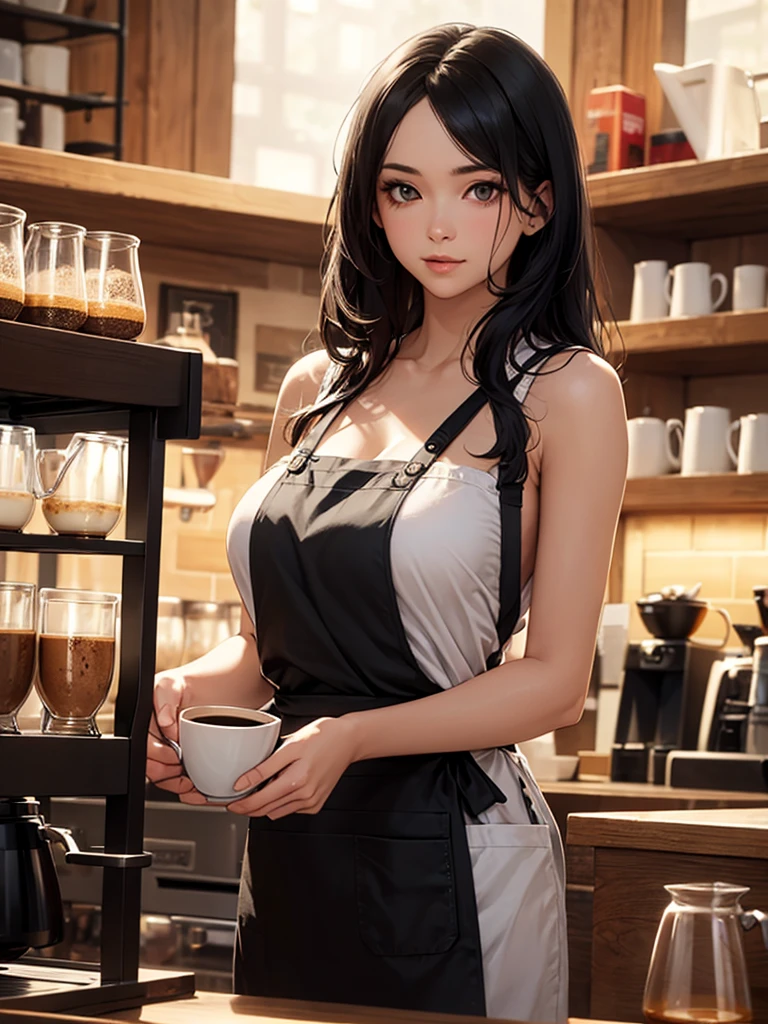 1 Beautiful adult girl making coffee in cafe, hot girl, intricate details, 8k, wearing clothes, image clicked by professional camera, cinematic lighting, massive breast