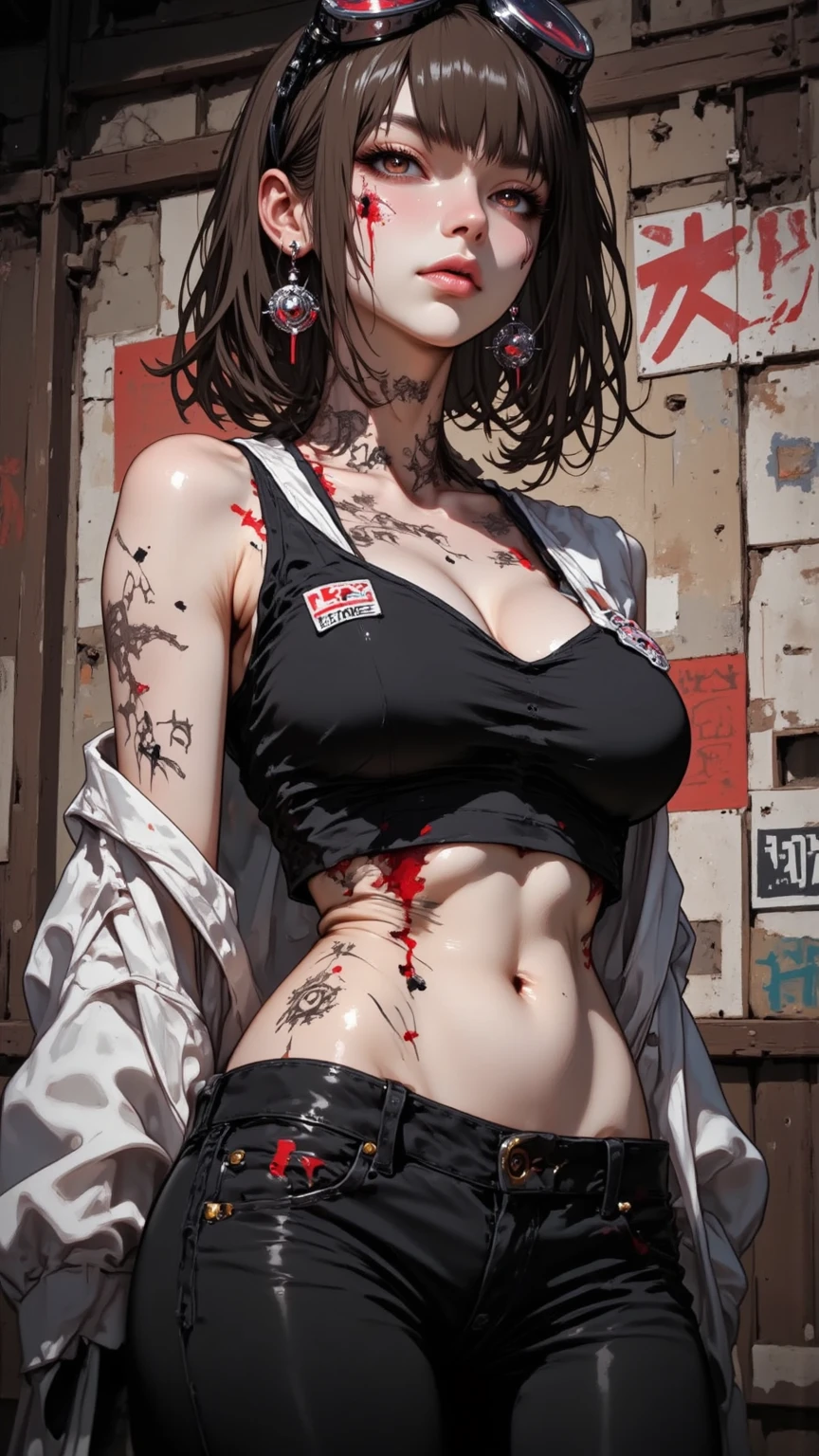 Best image quality, masterpiece, Ultra-high resolution,, photograph, 1 girl, White shirt, Ripped jeans, White sneakers, dim, darkness, despair, disappointing, poor, movie, tears, tears, (Torn clothes:1.5),, Exposing shoulders, Real Rain, (((He has many tattoos all over his body)), (((Tight waist))), ((Big Breasts)),Expression of intense sexual pleasure、(Embarrassed look),