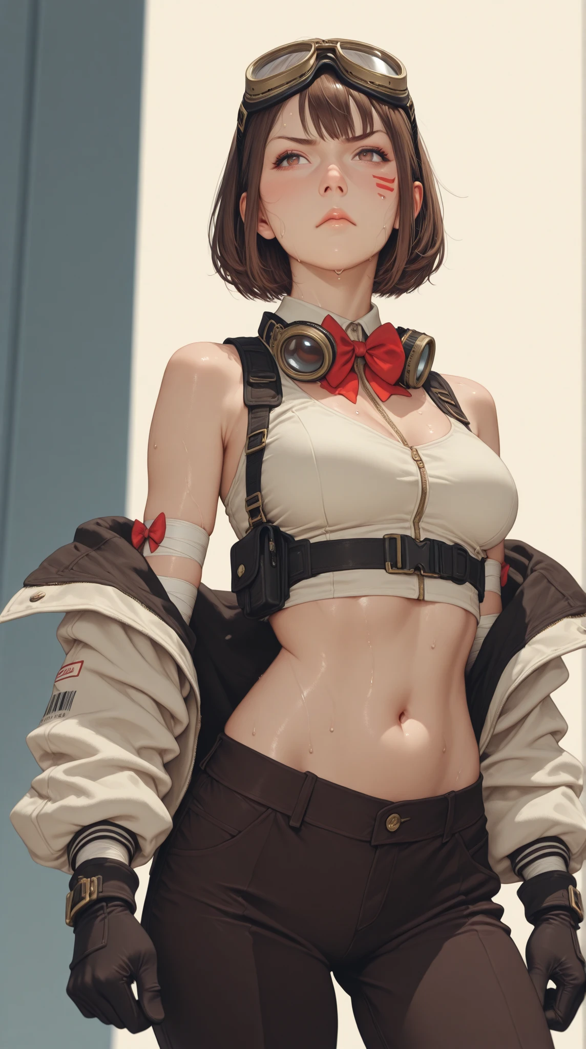 (((Annie Lennox))), (((copper color suit))), (scars), (((bandaged arms))), (((colorful clothes))) (( hood)), (((best qualityer: 1.4))), (Unbeatable masterpiece), (hiper HD),(CG 8k hyper-realistic), brave face, (((breasts big))), (((hyper feminine))), sexly girl, black tattoo,（ultra short red hair with white highlights)), ((( sculptural body ))), (((1 Kizi))), Kizi tatuada de 25 anos com perfectbody,,Beautiful and well-groomed face,muscular body:1.2,solid color detailed jacket, (Head to thigh photos)， Complex equipment, copper，Tight clothes，With white stars and off-white stripes,,,,,Armor Metal Electronic Parts, Poison tattoos ) INFO, Kizi, (((standing alone))), pirralha violent, 24歳, sexy, pose de atitude, work of art, post-apocalypse, (((manga style))), bounty hunter, the way you want, perfect body, roupa moderna, advanced technology, Pleated mini skirt with checkered pattern in red and black, fur collar jacket, sleeves with vertical striped pattern, neutral background, (( cowboy shot )). intricate visual, narrow waist, (((wide hips))), wide hips, fit thighs, (thigh gap), background shows a futuristic airplane