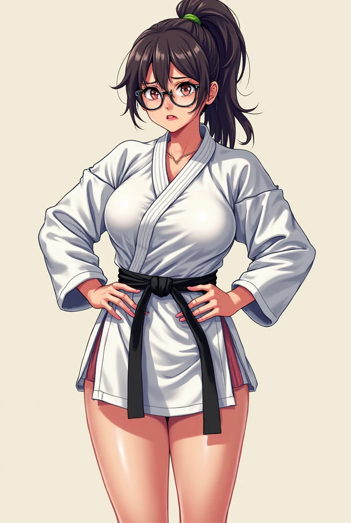 1girl,18yo,perfect hands, perfect finger,perfect ???????, masterpiece, best quality,realistic, hyperrealistic, 16k hdr,, aamii, short hair, black hair, blue eyes, glasses,(karate gi,:1.2),(no pants,no bra,cleavage:1.1),(micro panties:1.1),(sweat:1.1), (judo hall:1.2),(red blush,smile),(dynamic pose:1.2),from below,cameltoe,show off panties