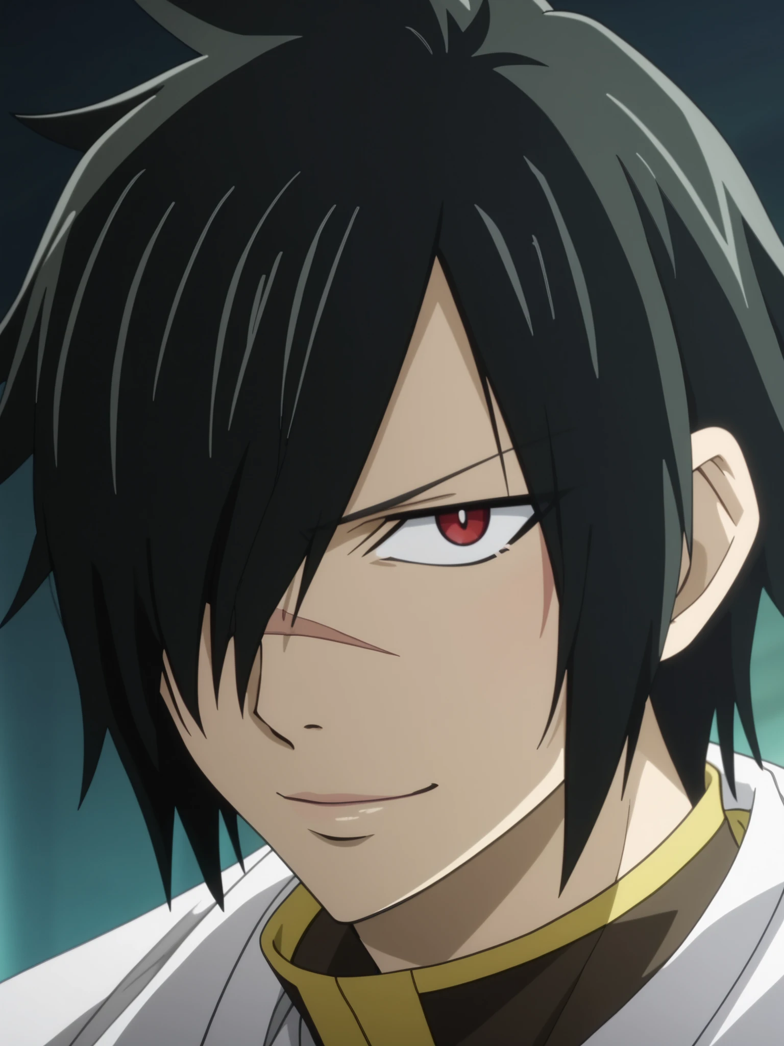rogue_cheney, black hair, red eyes, hair over one eye, scar tattoo close-up, official style, ((anime screencap)), 8K, extremely detailed, 1boy, solo, looking at viewer, black background , shadow , atmospheric perspective , intricately detailed , depth of field , masterpiece , best quality , amazing quality , very aesthetic , absurdres , newest, smile and blush, close-up