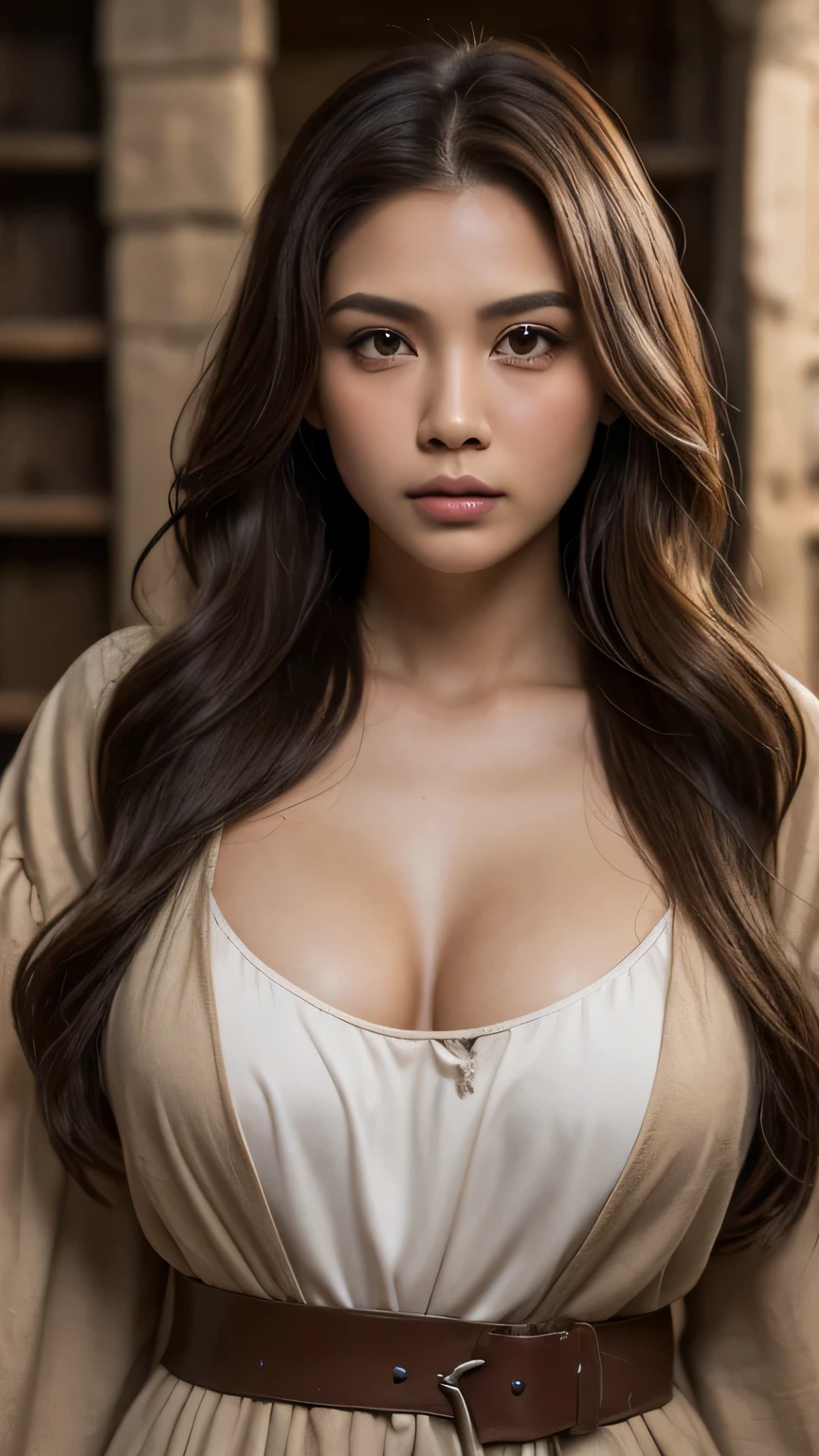 Realistic photo of a beautiful sultry woman, with very poor light, long hair, hair roots slightly faded, half asian, influencer, light freckles, light brown eyes, light makeup, dark lips, smiling, instagram, hyperdetailed photography, weak light, head and shoulders portrait, slight cleavage, cover, full body photo, red skirt, red brasier, beautiful body , in a wall behind, very well focused background, (( hyperdetailed background )),