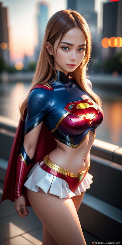 (Best quality, masterpiece, absurd)),1girl:1.3, solo:1.3,Beautiful woman,blue expressive eyes, beautiful woman,long blonde hair, 21 years, solo, 1girl,hourglass body,huge breasts, defined body, wearing superman cosplay((Supergirl cosplay bodysuit, skirt (waist up to half of thigh)supergirl, supergir short red cape)), bright colors
