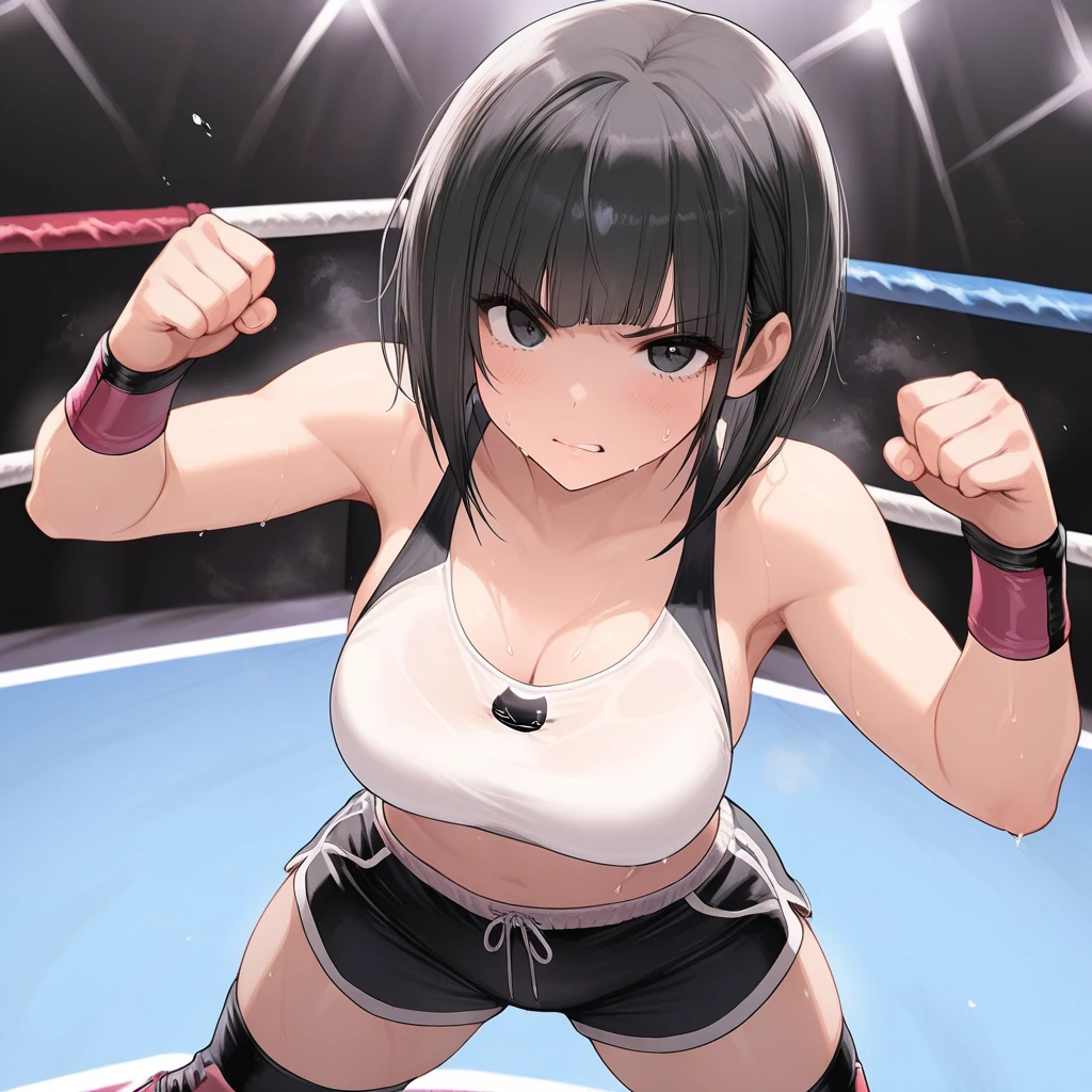 anime style, wrestling ground, (hinata\(boruto\), (female wrestler), (slender body), mature woman, milf, (bikini, pro wrestling gear) victorious, gorgeous, winner, kind face, smile, closed mouth, pale skin, (dark blue hair color:1.1), wavy hair, ((short hair, hime cut), big breasts, (only one arm stretching), long belly, closed fists, seductive