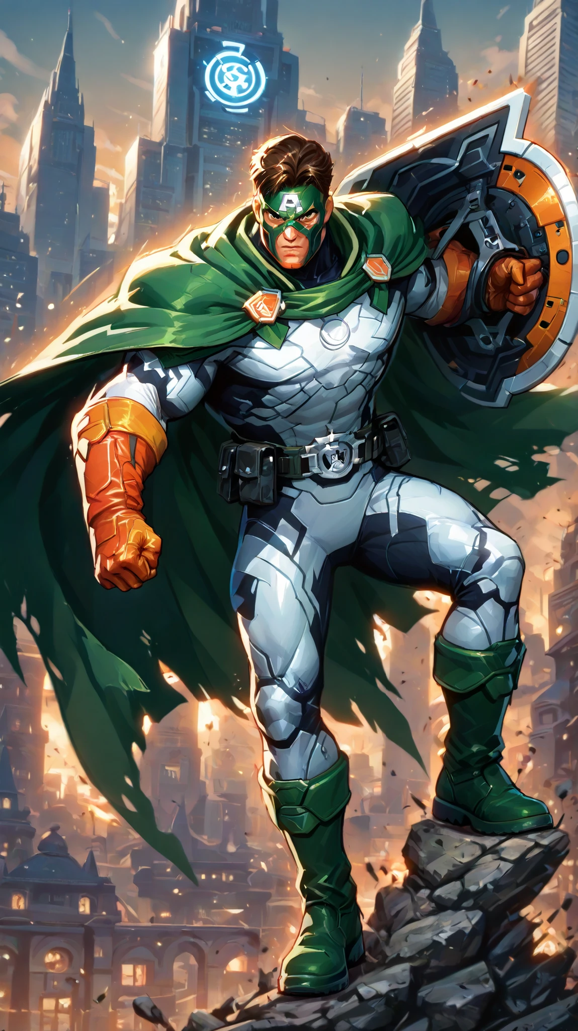 high quality, 8K Ultra HD, A 2.5D sony animation style 30 years old indian superhero character standing in a dynamic pose, handsome face, nice brown haircut, bright black eyes, calm, wearing a white thick kevlar bodysuit with a half orange and half green mask. He's wearing a half orange and half green cape. Protecting himself through a green colour triangular shield with one big orange stripe horizontally aligned on the shield with blue circular emblem, black utility belt with round emblem, orange colour gloves and green boots, muscular and ripped tall body, fair white skin, city background at daylight