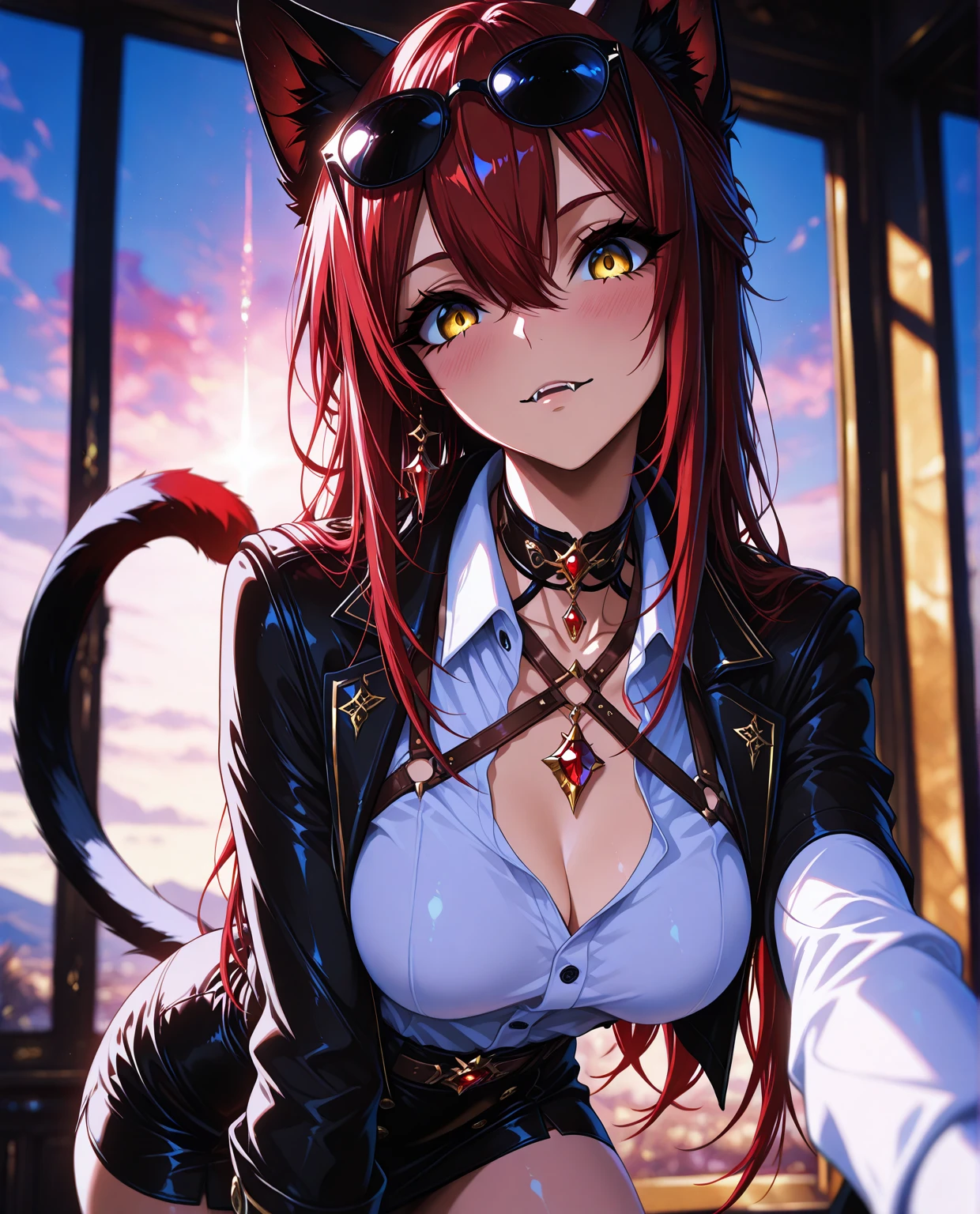 (high resolution, upper body, soft skin:1.2),(best illustration,masterpiece:1.2),ultra-detailed,[(cat ears,black fur,pink inside:1.2),vivid colors,sharp focus,portrait,studio lighting,bokeh, wearing a pink latex jumpsuit, latex boots, full-body_portrait, hands on ass