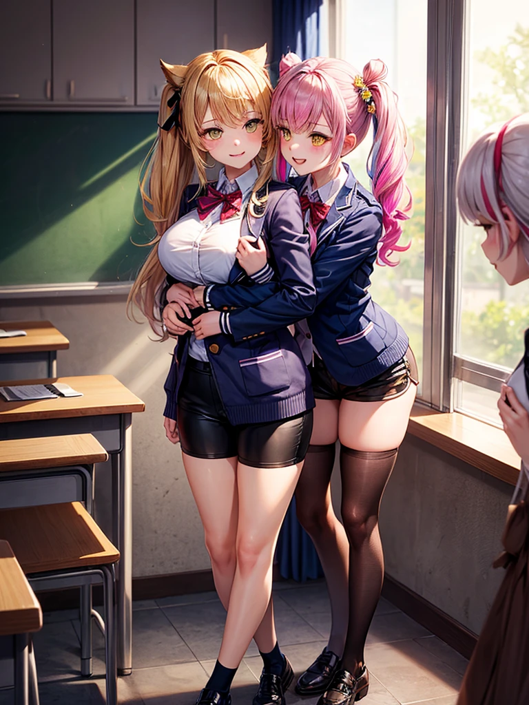 ((2 girls))、(smile:1.5)、Small breasts、(Cowboy Shot)、(fun!!)、(cardigan)、(Blonde)、(blush:1.4)、、(single braid)、(Eye highlights:1.3)、blake black shoes,(黒いskirt)、bow, button, shirt with collar, Long sleeve, ((red bow tie, , Black jacket, Open jacket, 茶色のcardigan, white shirt, 黒のskirt, チェック柄のskirt、white socks)),, shirt,, skirt, socks, Thighs, white shirt, Rest indoors, ((classroom:1.5))、 BREAK while watching the audience、(skirtを掴む:1.0)、 (Perfect hands, Perfect Anatomy),Cowboy Shot、(skirt lift:1.3),(Highly detailed panties:1.3)、(Highly detailed panties:1.3)、、(skirt that rolls up:1.3)、(Full-fledged panties:1.5)、Light blue eyes、