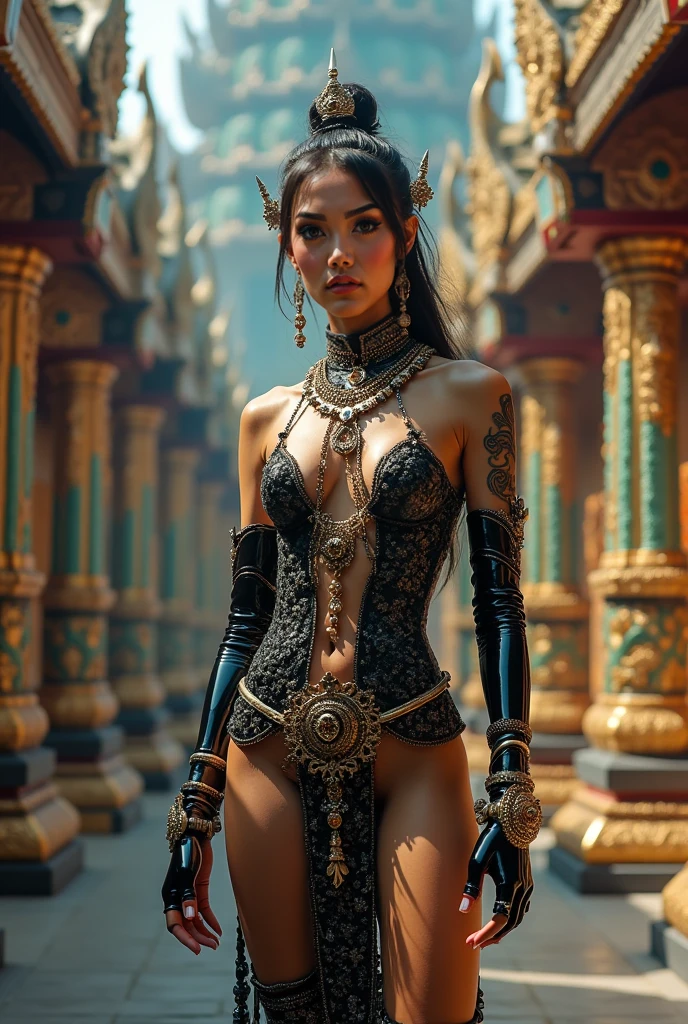 ((masterpiece)、(top-quality)、(reallistic))、beautiful queen:1.4、Bondage style、latex shiny、By Luis Royo:1.4、1girl in、Sexy Daughter、Small fashionable tattoos、Attractive earrings with impressive beauty、a choker、a necklace、piercings、(Super beauty)、Super Ultra Ultra Bikini、standingn、fullllbody:1.4、(Beauty in return)、Fantastic mythological landscape