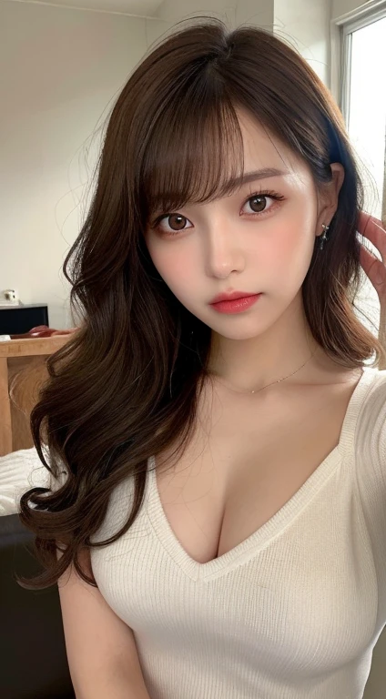 best qualtiy,tmasterpiece,超A high resolution,(realisticlying:1.4),
1girll long curly hair,Rich in detail, shoulder,cleavage,Knitwear, Deep shading, messy room, sit pose, Sitting on an object,korean style