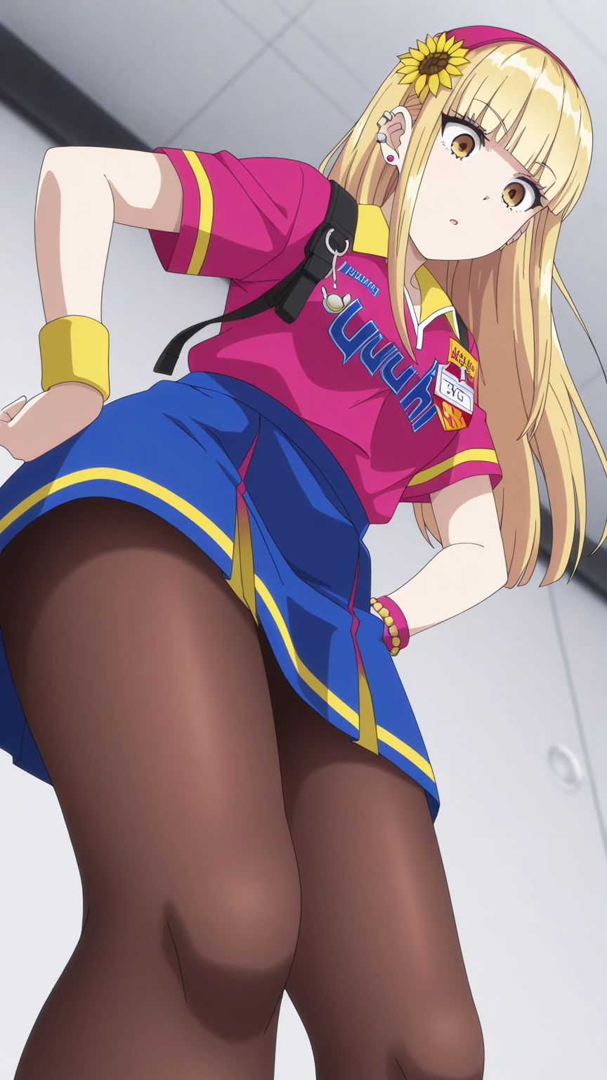 Highest quality,1 Girl,Big Breasts,orgasm,blush, shut up., Sweat,Airi Akizuki, Long Hair, blue eyes, Blonde, Twin tails,skirt, Knee socks, Striped, Striped Knee socks, blue skirt, Expose your shoulders, shirt, sleeveless shirt, red shirt,((Lift skirt,Cute pussy:1.3)),garden