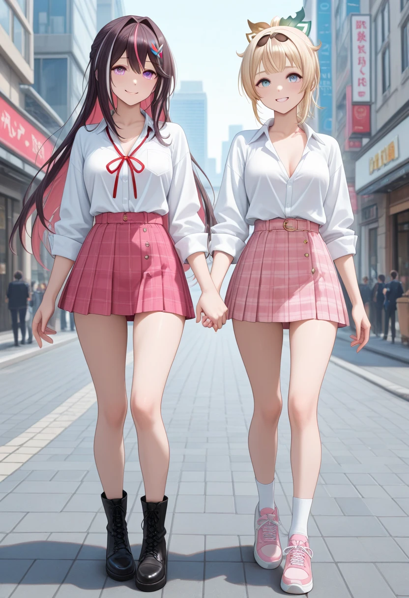 nsfw,highly detailed skin, highly detailed face, (beautiful detailed blue eyes, red cheeks, smile), ((two girls:1.5)), girls hold hands, Stand up and look here, The girl is cute 18 years old, ((no panties, Cute, thin pubic hair)), (Not wearing a bra, small breasts, cute nipples), (Pink and black mine fashion), ((Shoes with ribbonini skirt, Mr.々hair color, Mr.々hairstyle, earrings, A downtown area crowded with people, sunny blue sky, ((Photographed from the front so that the girl's whole body is included)),